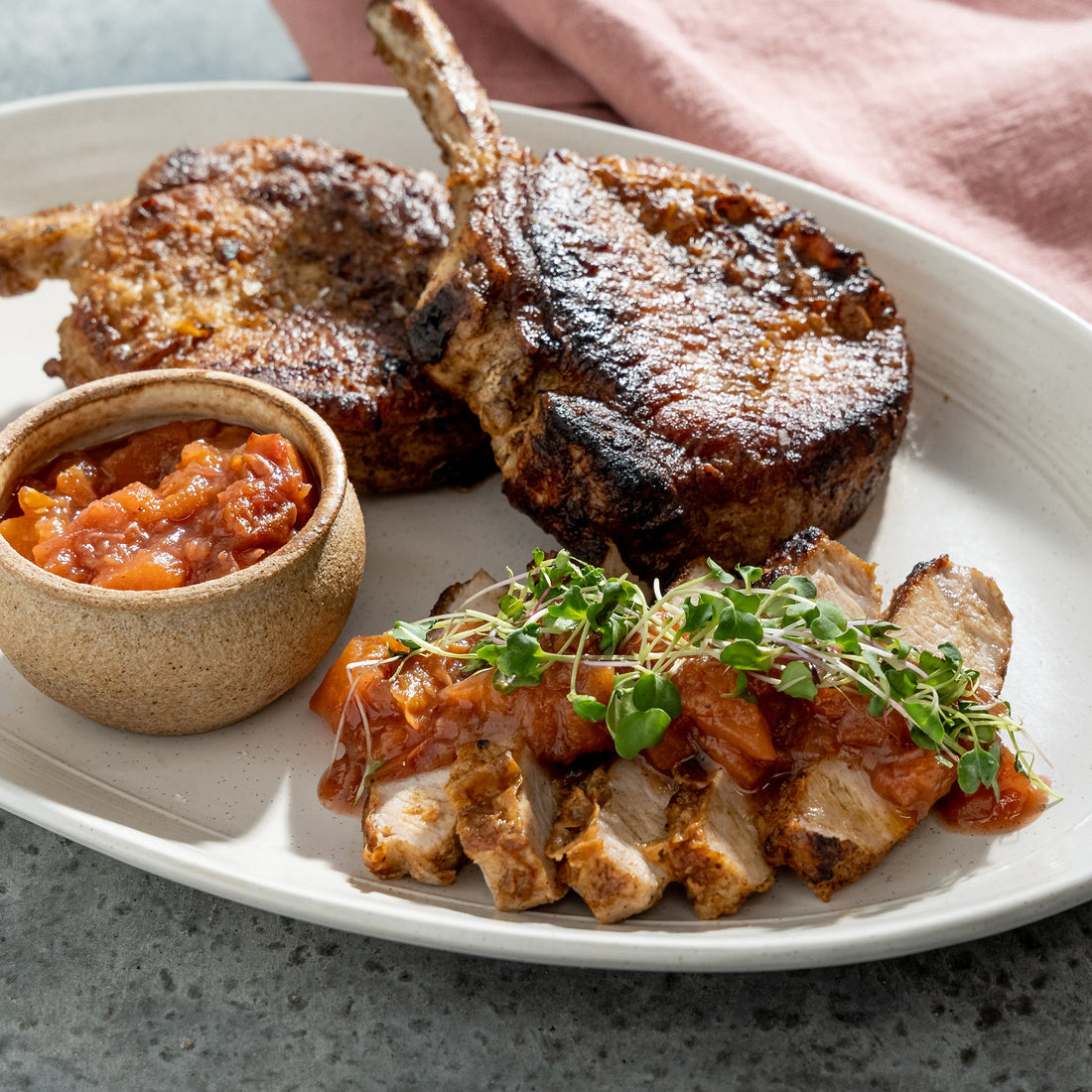Joanna Gaines' French Pork Chop with Peach Chutney and Microgreens