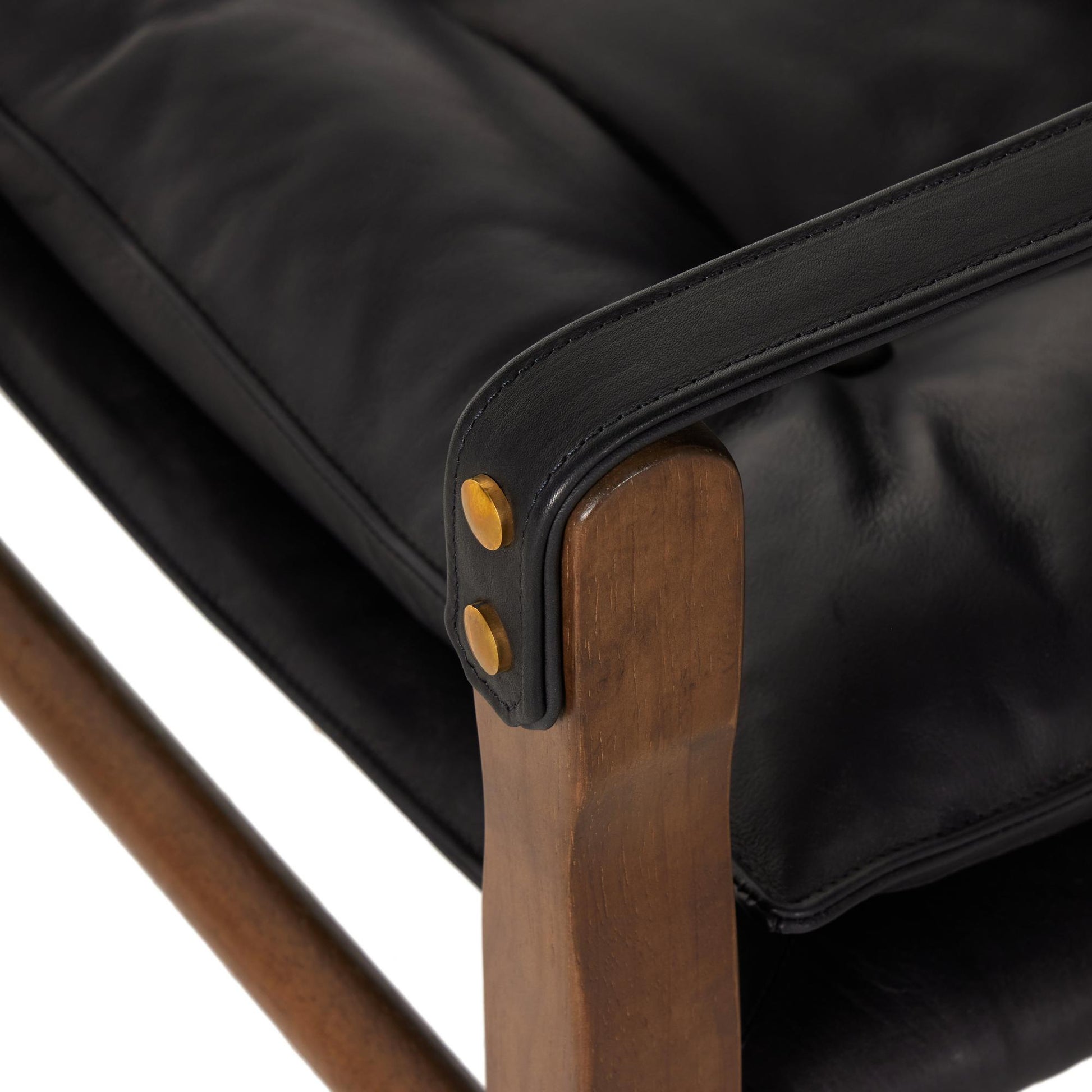 Flynn Chair heirloom black leather close up of arm rest