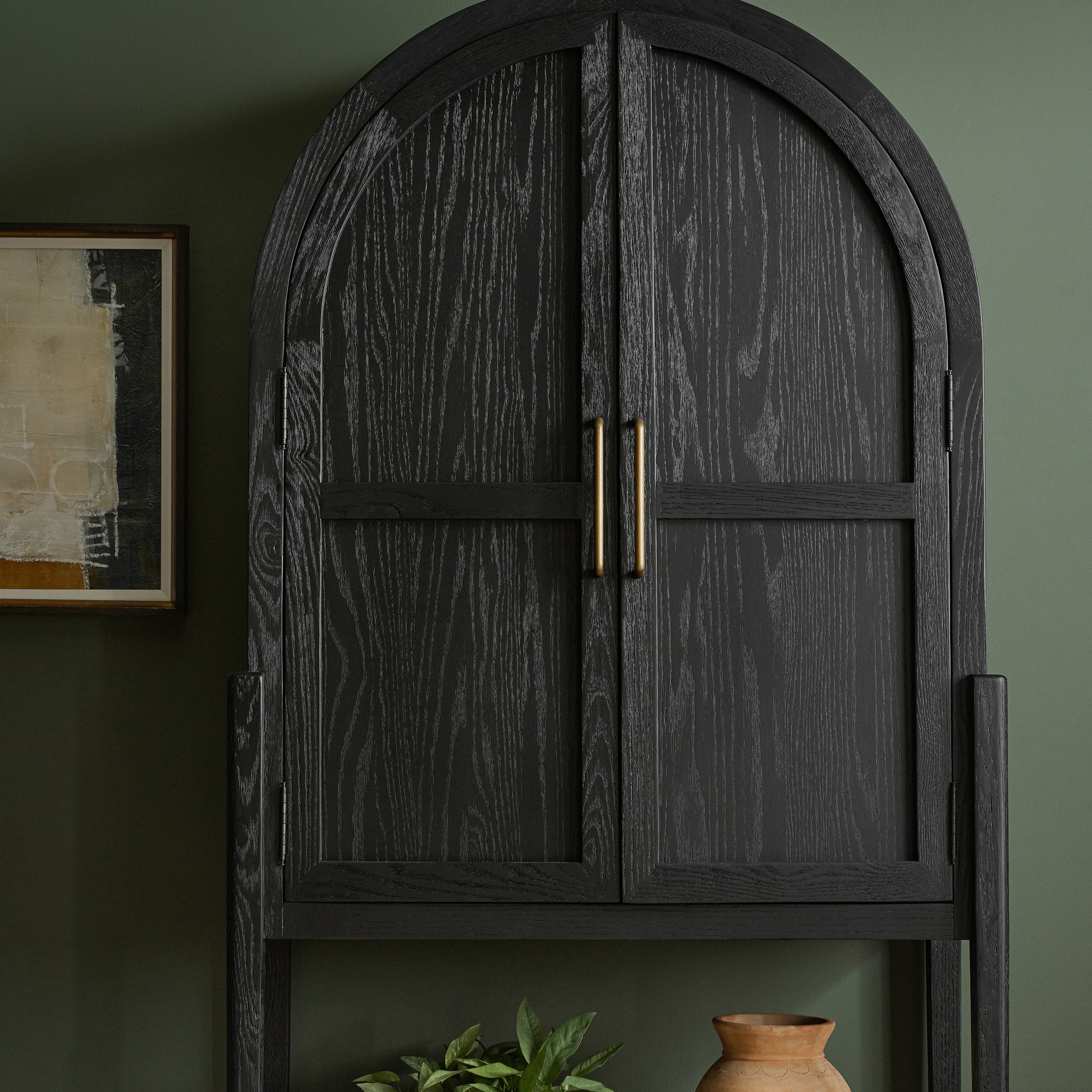 Matte Black Carraway Bar Cabinet shown styled