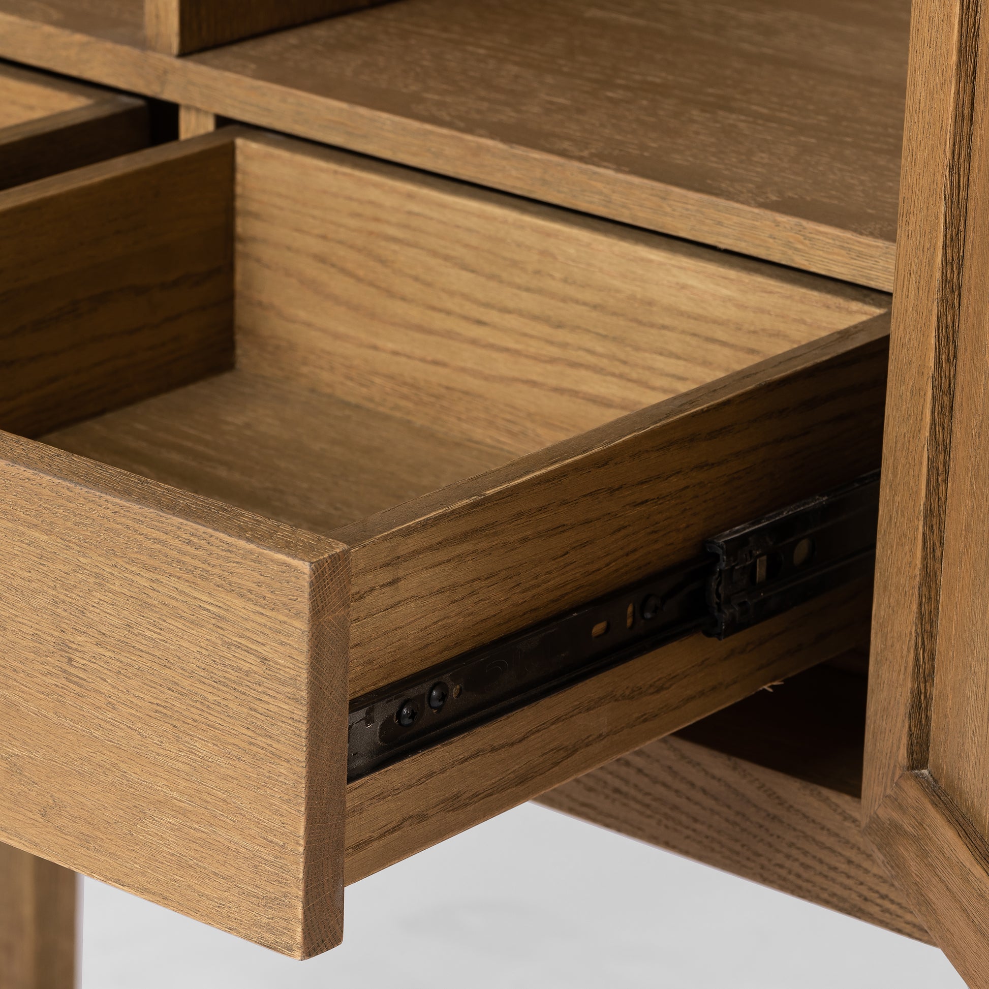 Drifted Oak Carraway Bar Cabinet drawer shown open