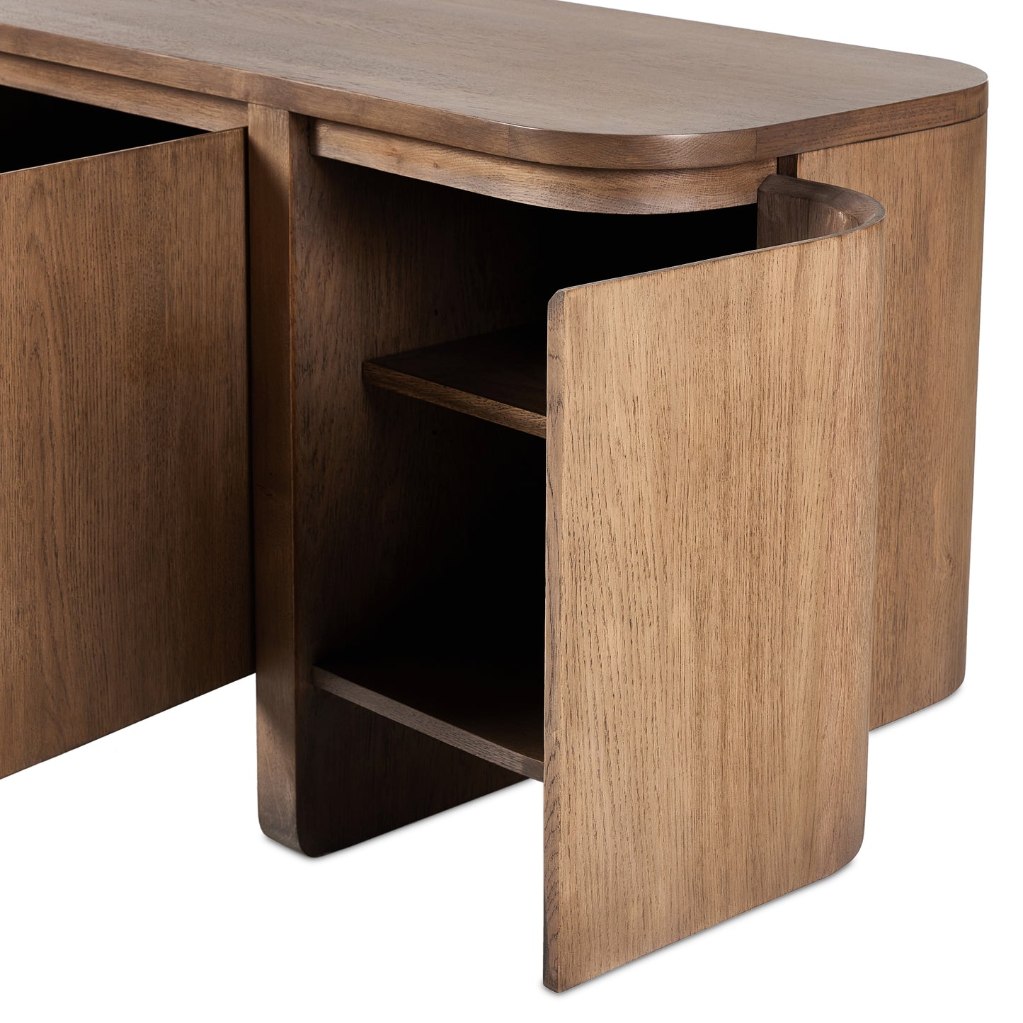 Woods Media Console corner view shown with doors open