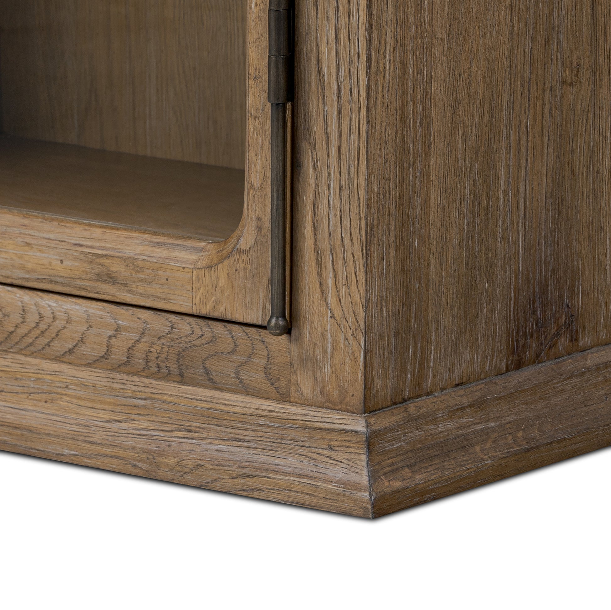 Weathered Oak Potter Cabinet bottom corner up close