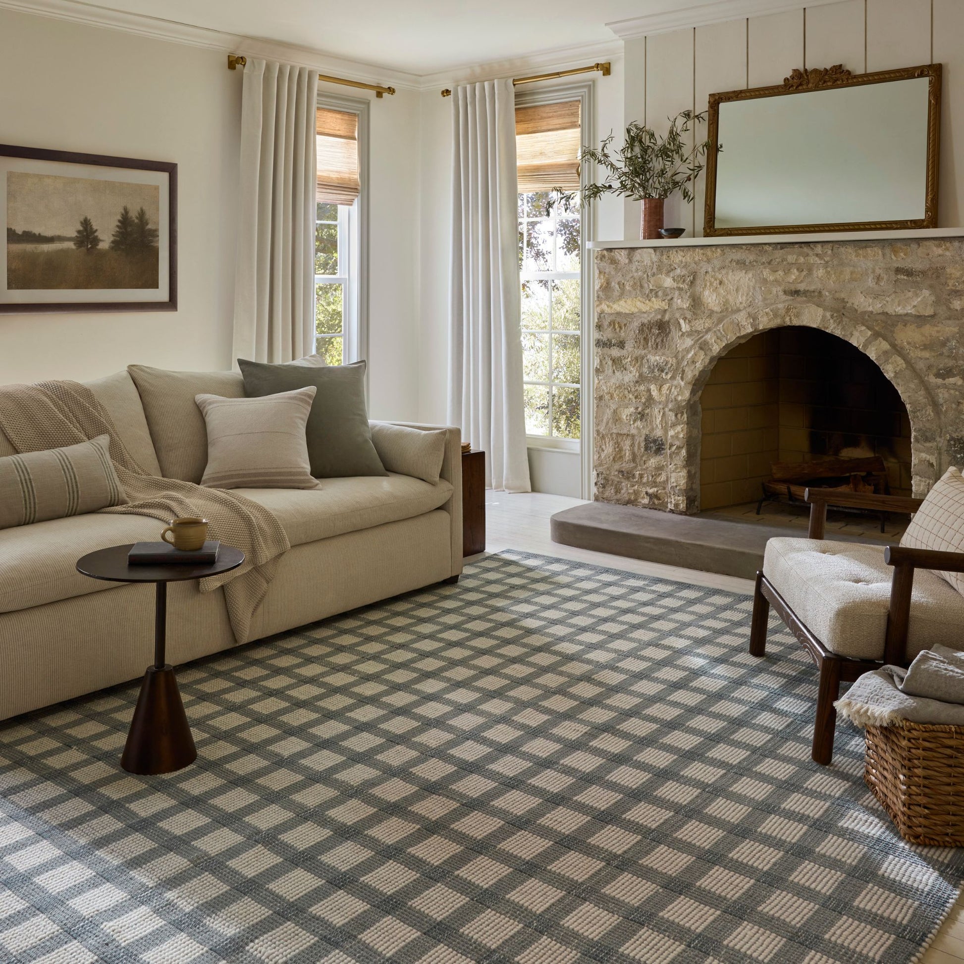 Ryder Blue Ivory Rug shown in living room