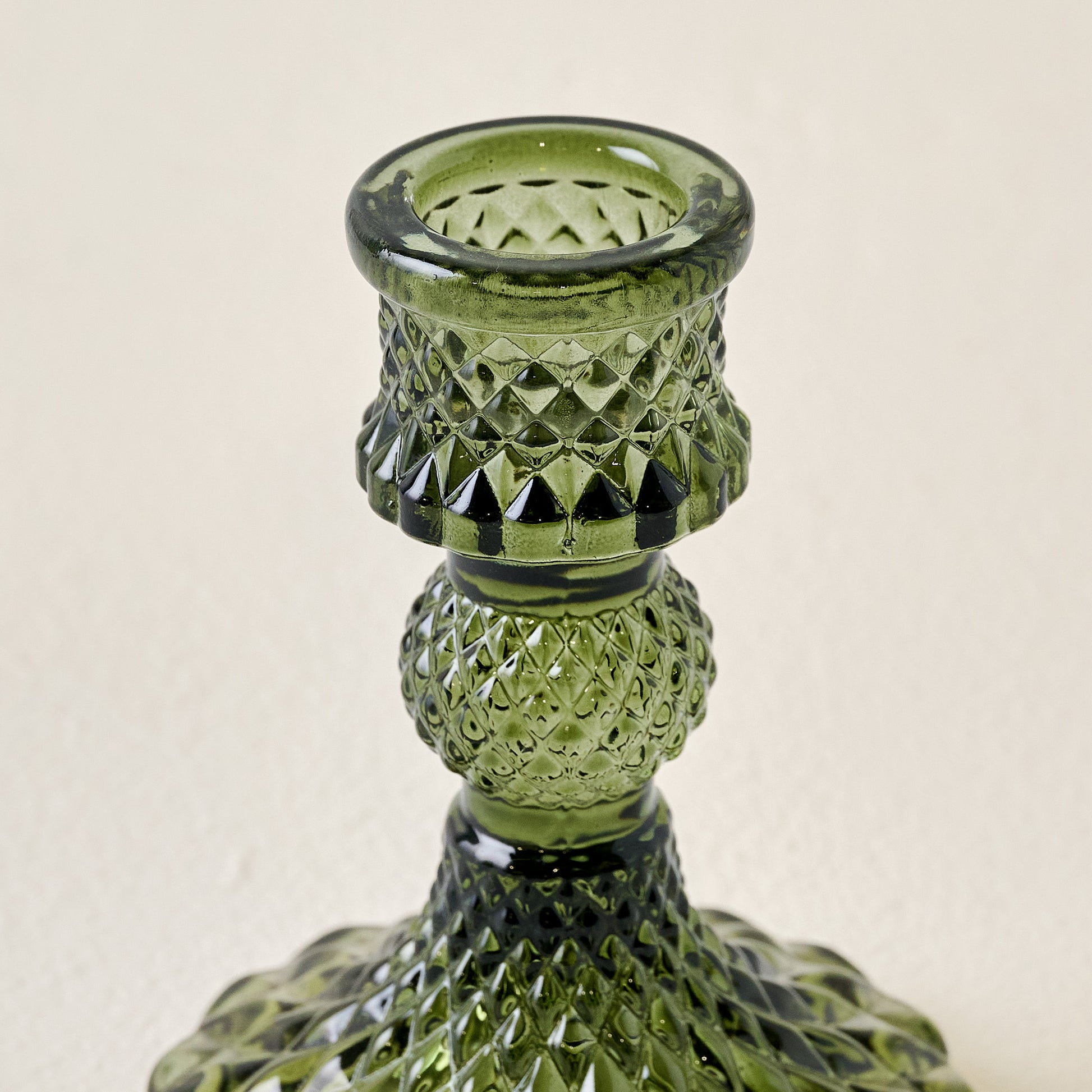 Antique Green Glass Taper Holder up close