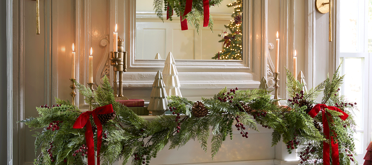 rotating images of different garland and mantel decor for the holiday season.