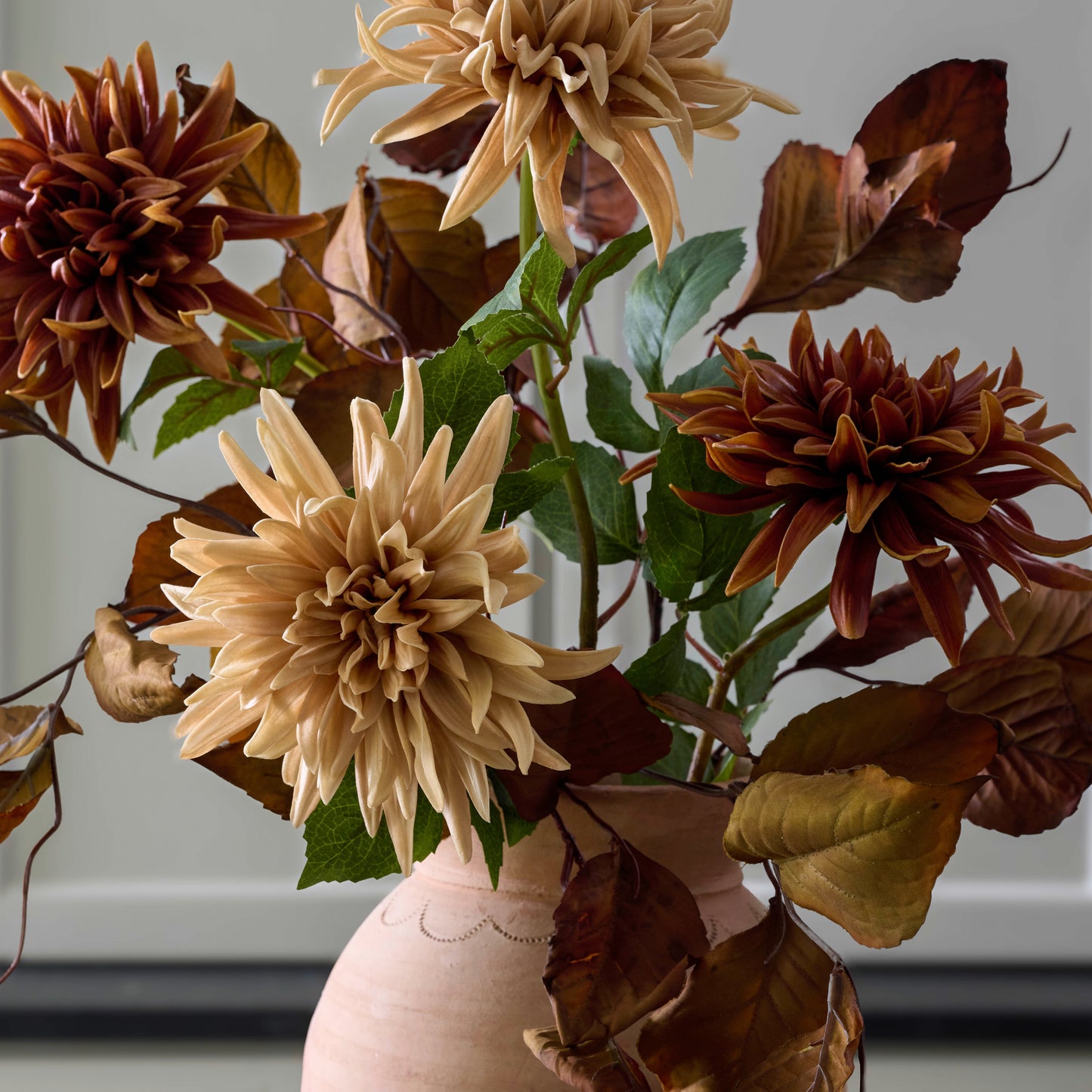 Brown and Cream Autumnal Dahlias in vase