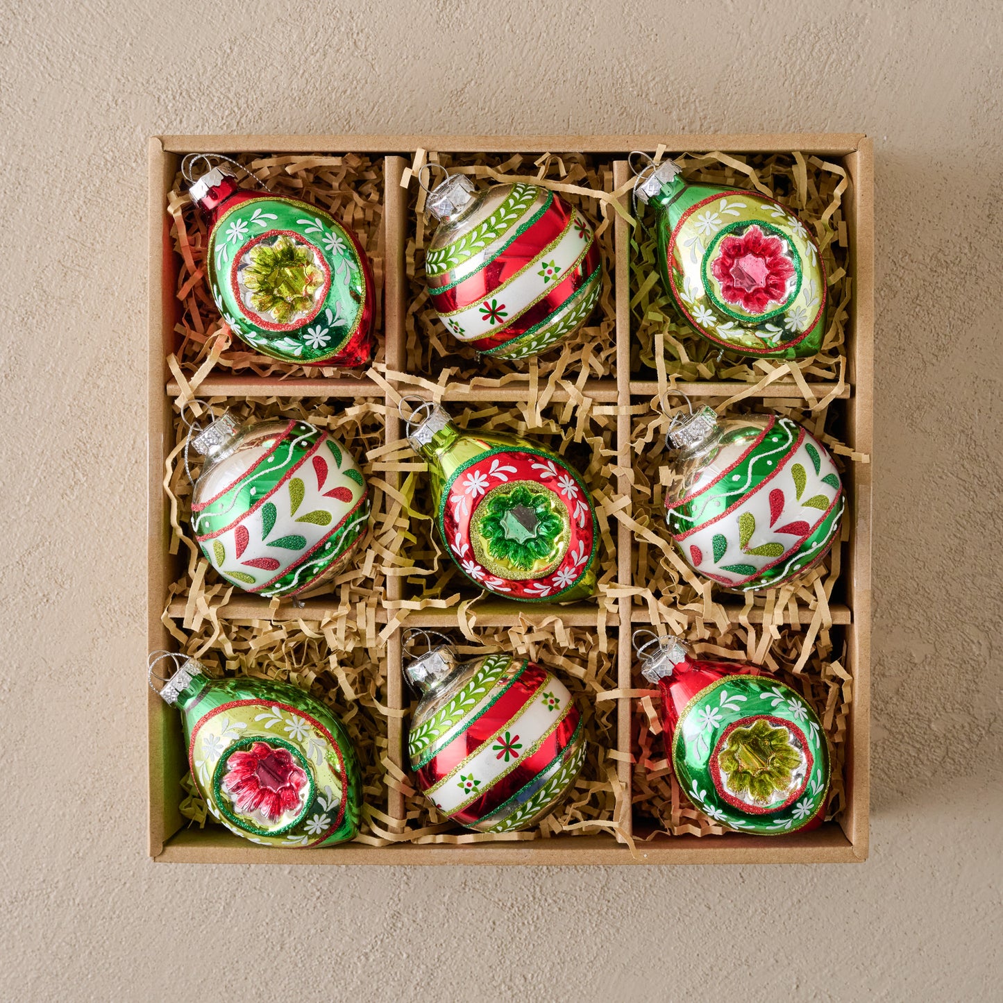 Vintage-Inspired Colorful Ornament Set shown in box