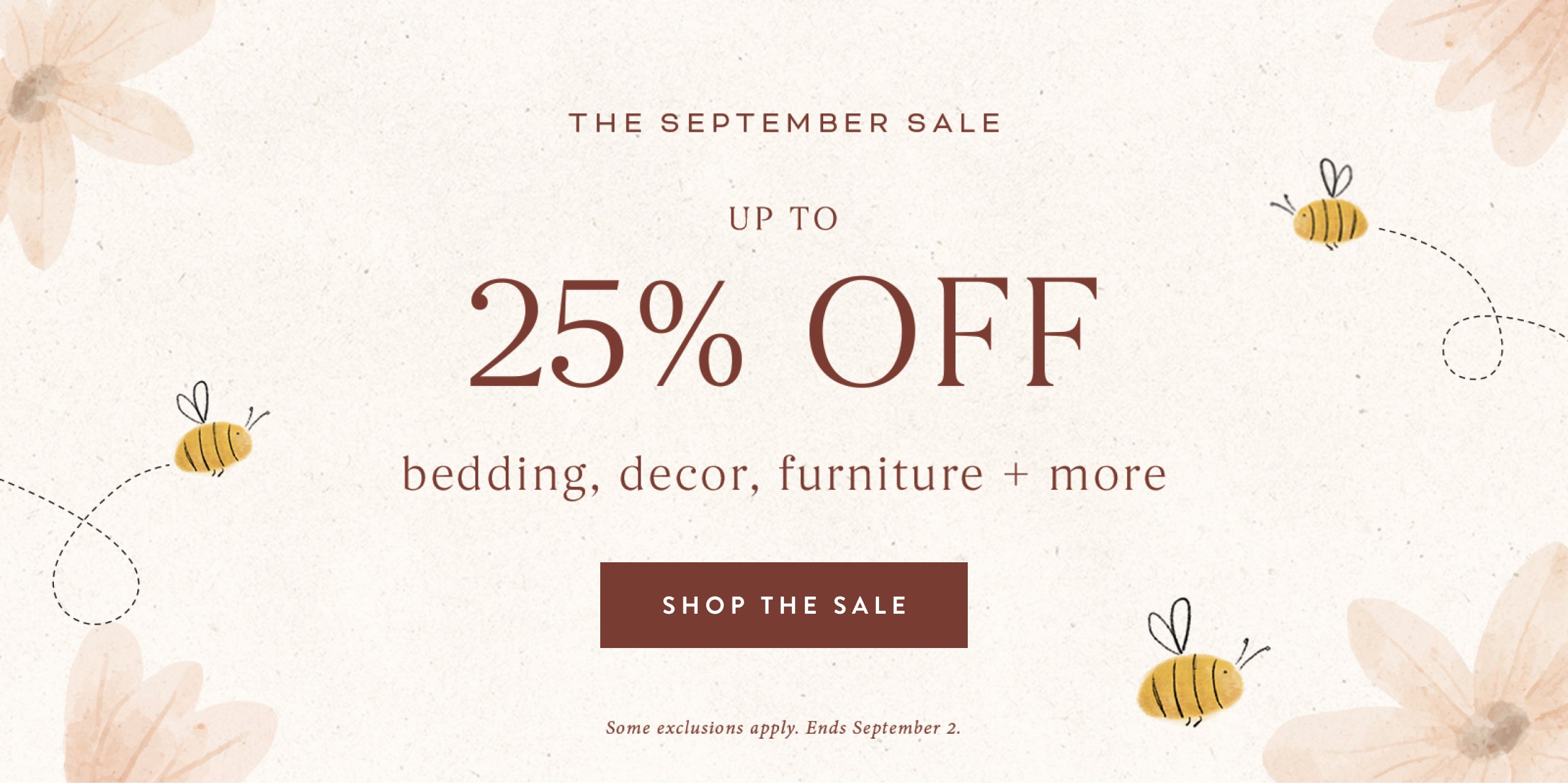 Promotional banner for a September sale with floral elements and text about discounts on bedding, decor, and furniture.