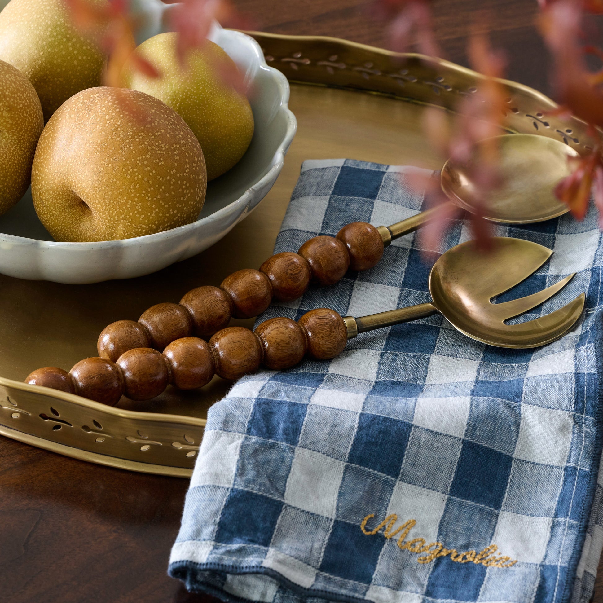 Antique Brass and Beaded Wood Serving Set shown with fall table accessories