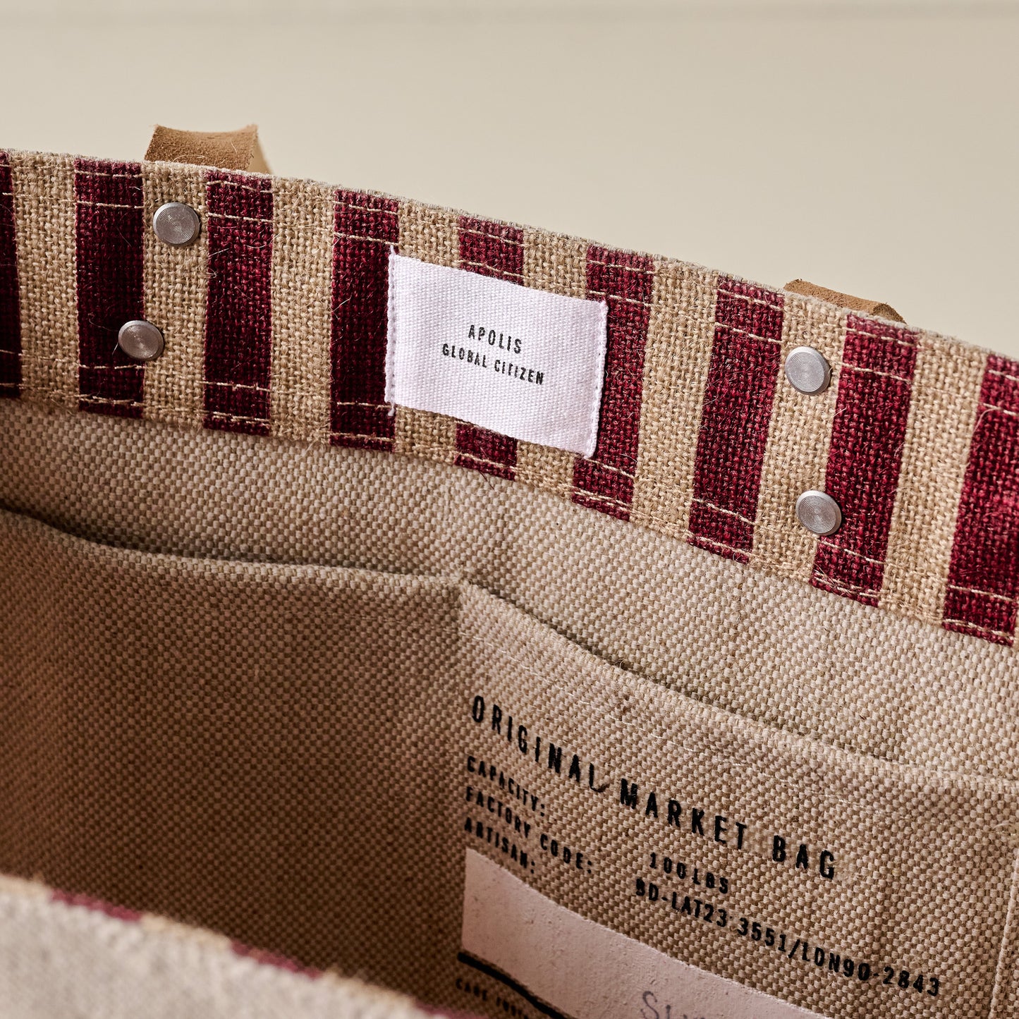 Magnolia Burgundy Stripe Market Tote interior up close