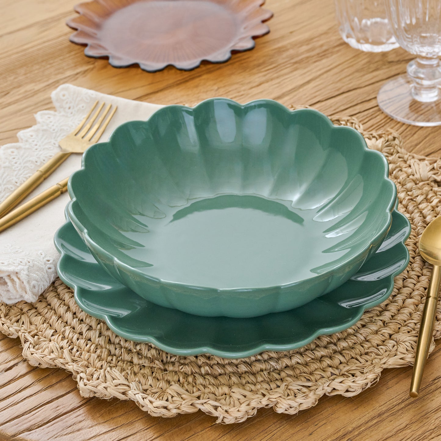 Seagrass Scalloped Serving Bowl shown on table