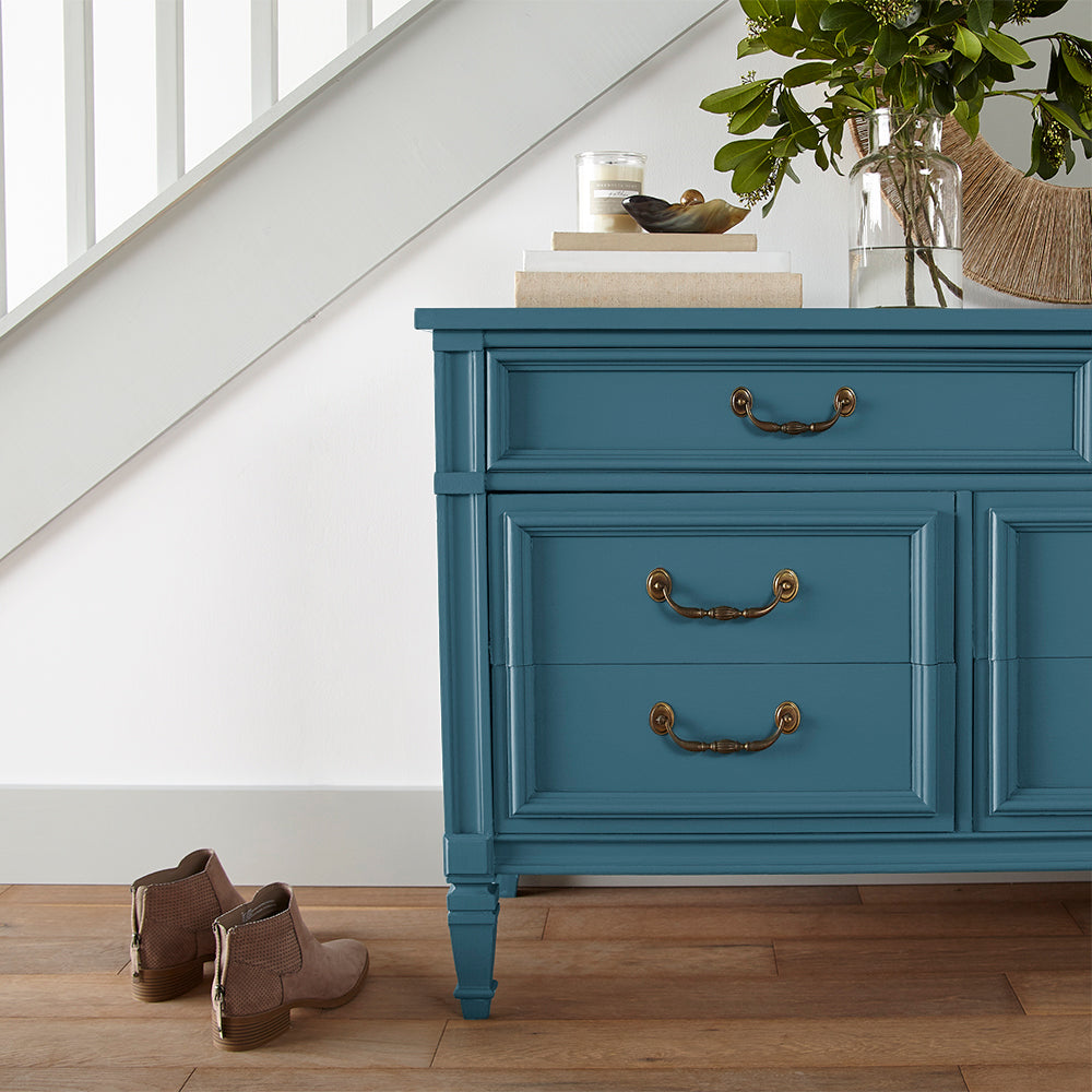 true lake blue chalk paint named superior shown painted on cabinet