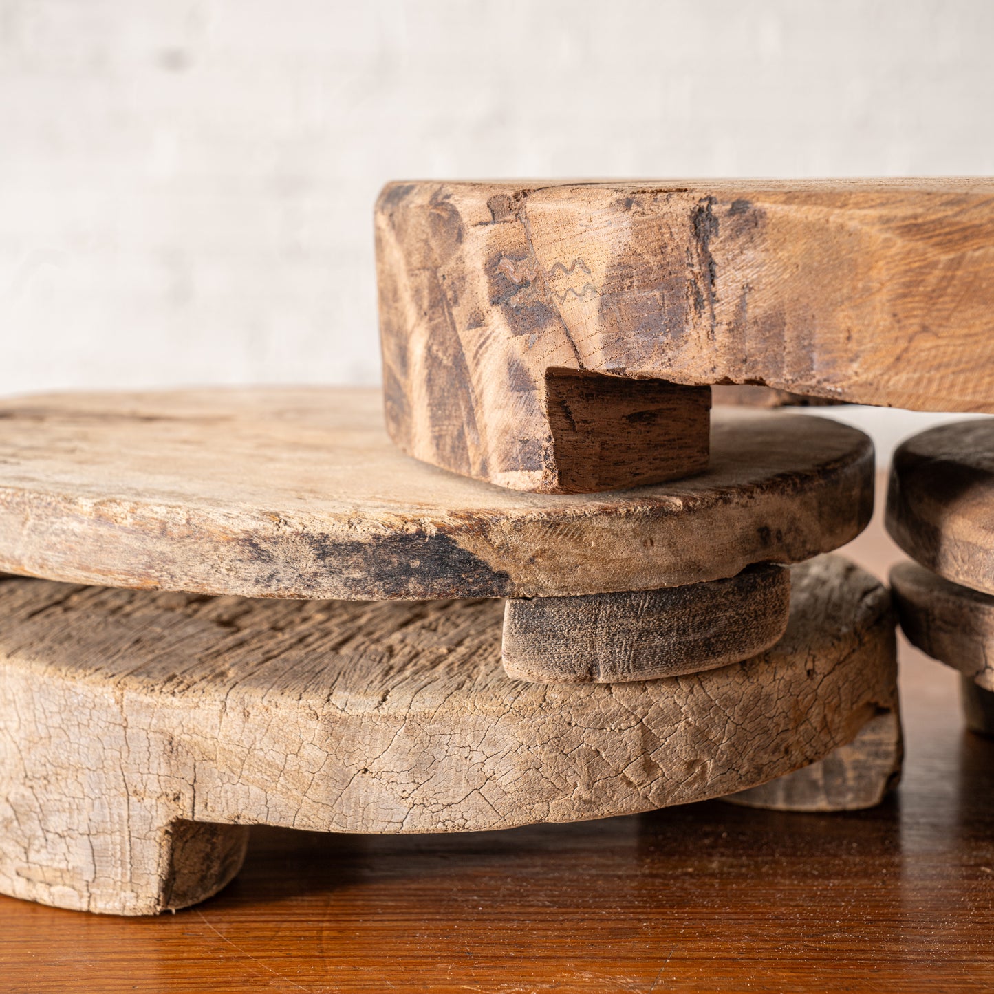 9" Found Wooden Risers shown stacked up close