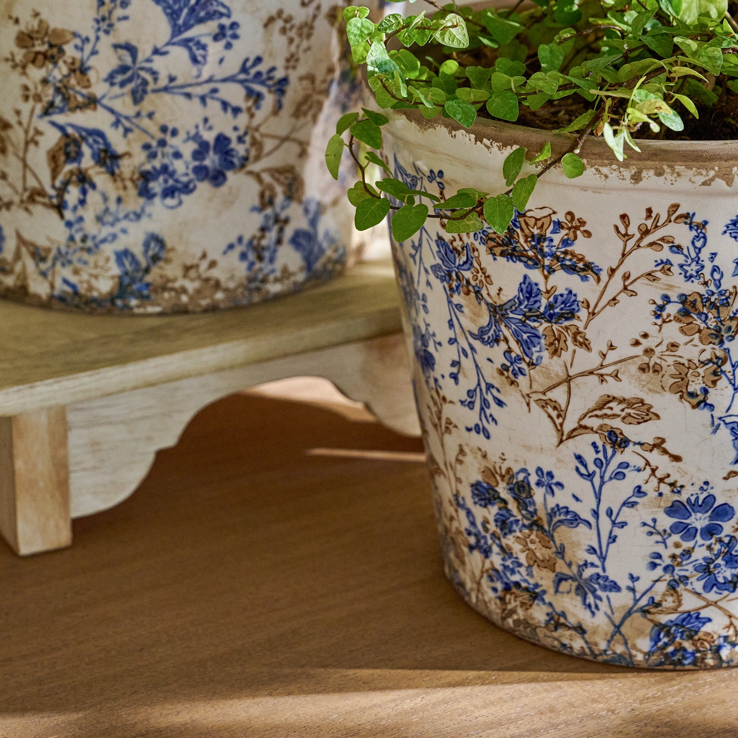 Blue and White Distressed Planters in a room