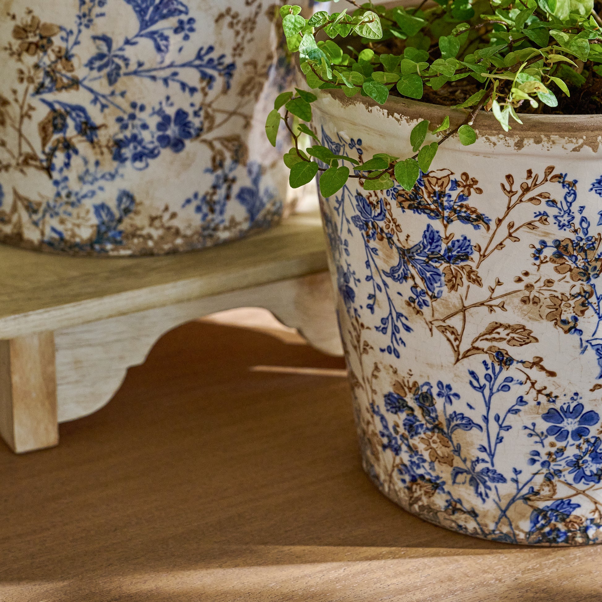 Blue and White Distressed Planters in a room