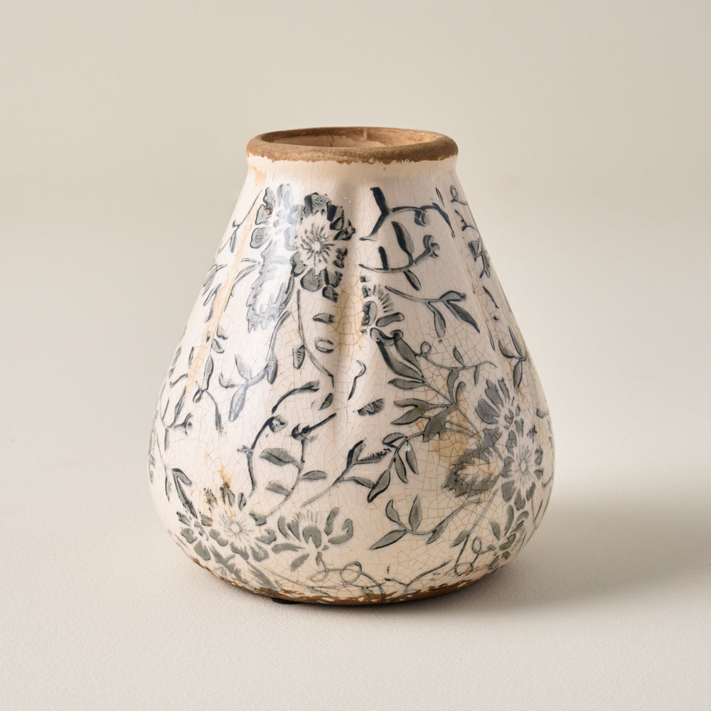 Large Fluted Dusty Blue and White Distressed Vase