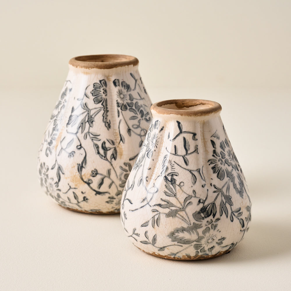 Fluted Dusty Blue and White Distressed Vases