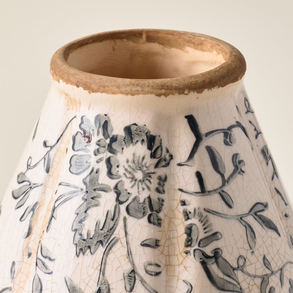 Fluted Dusty Blue and White Distressed Vase up close