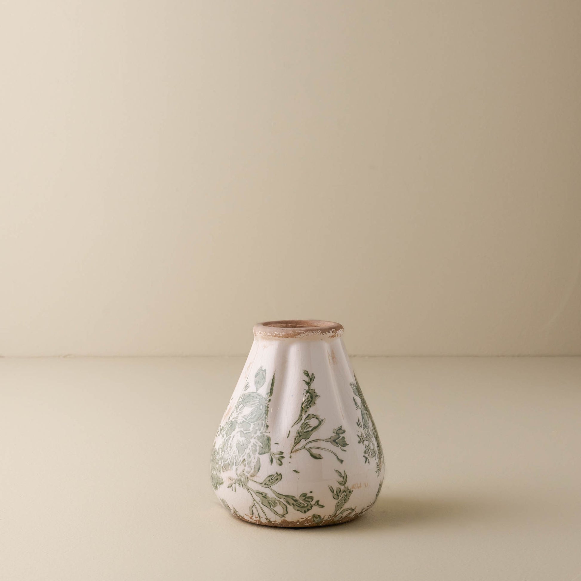 small sized Fluted Green and White floral Distressed bud Vase