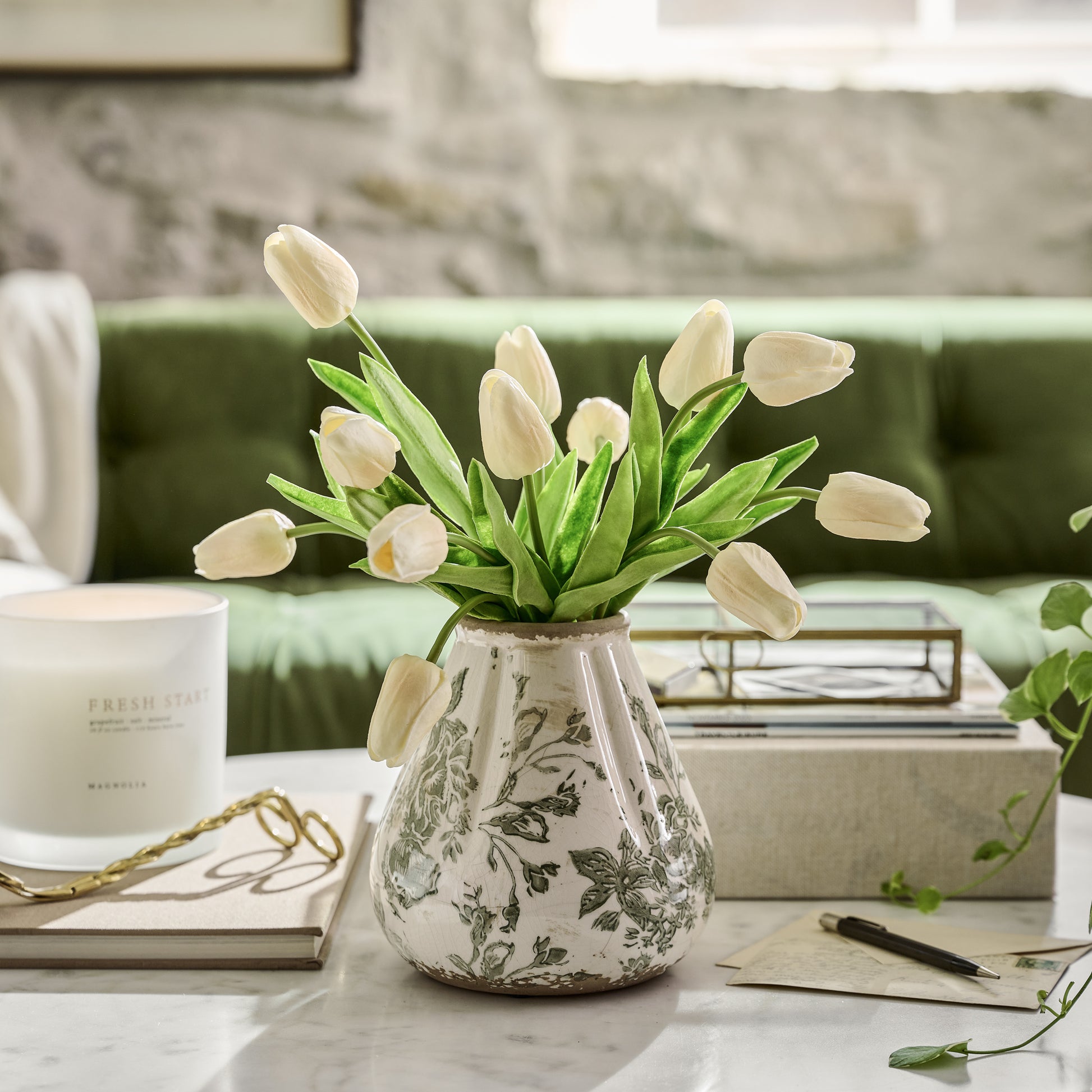 Fluted Green and White Distressed Vase with tulips