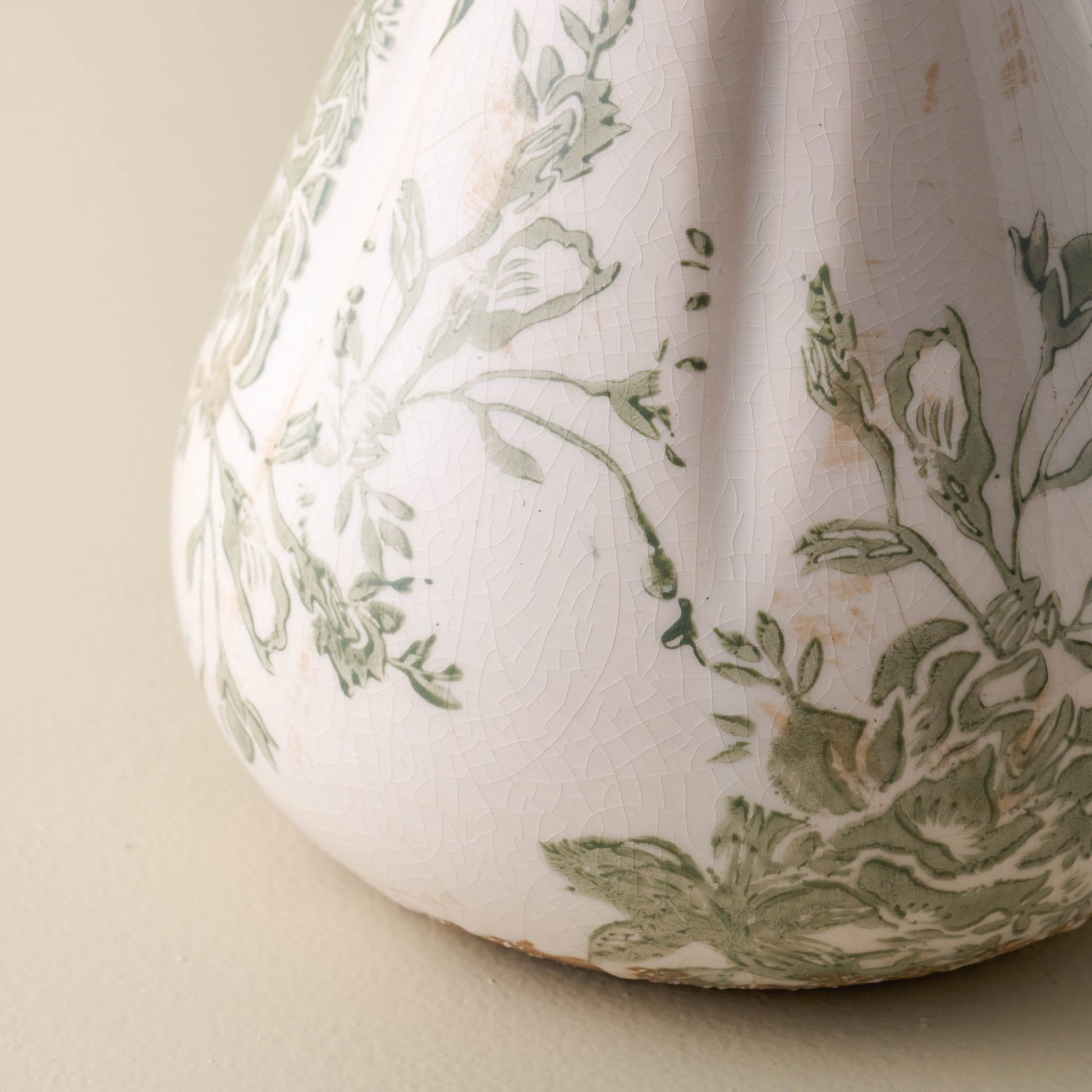 close detail view of Fluted Green and White floral Distressed bud Vase