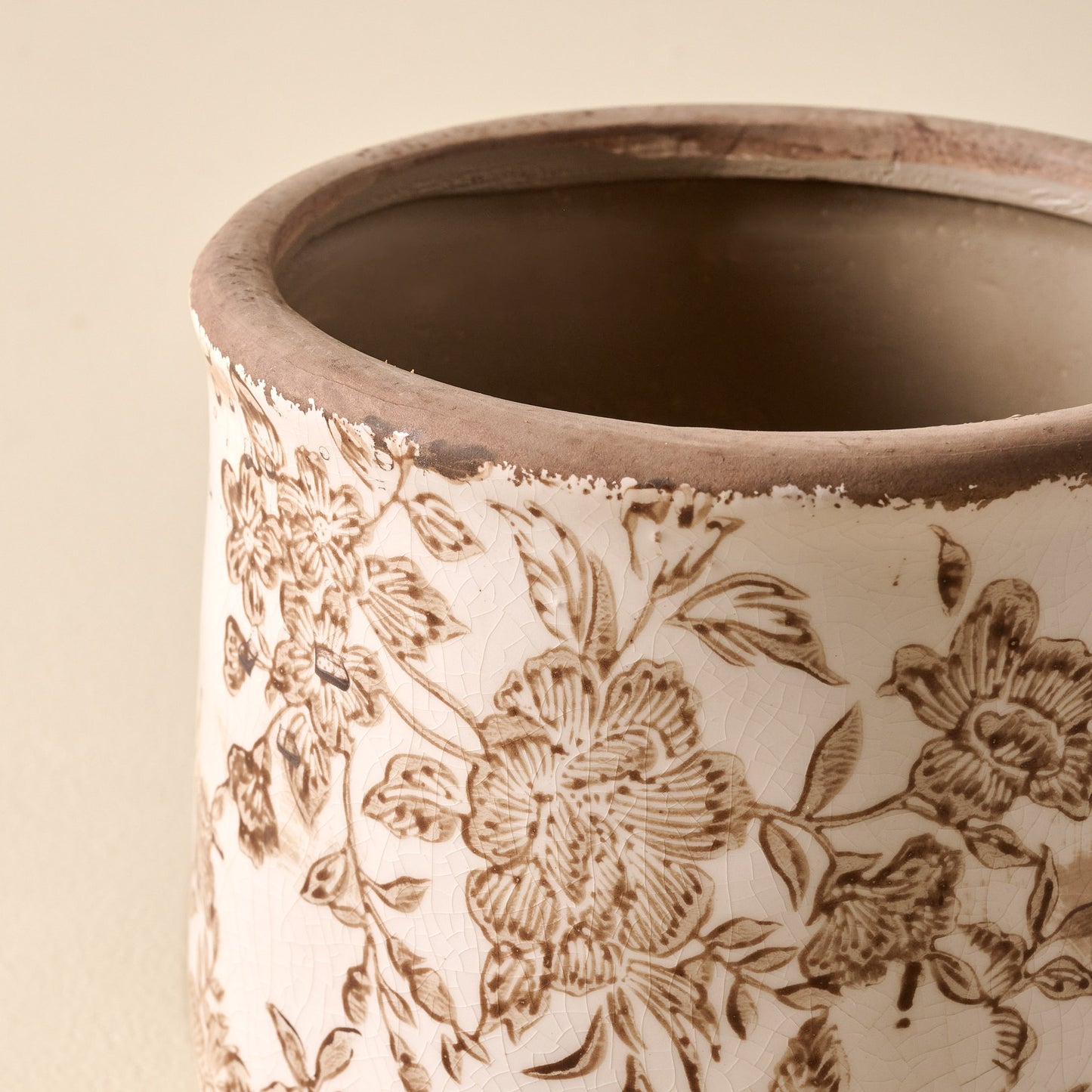 Brown and White Distressed Planter up close