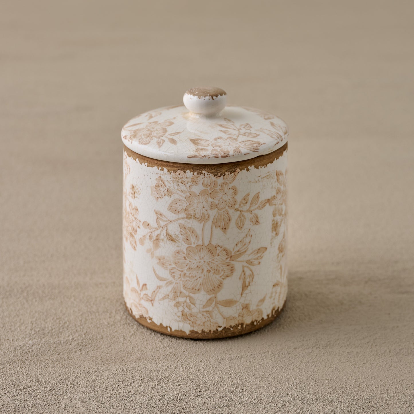 Small Brown and White Distressed Canister