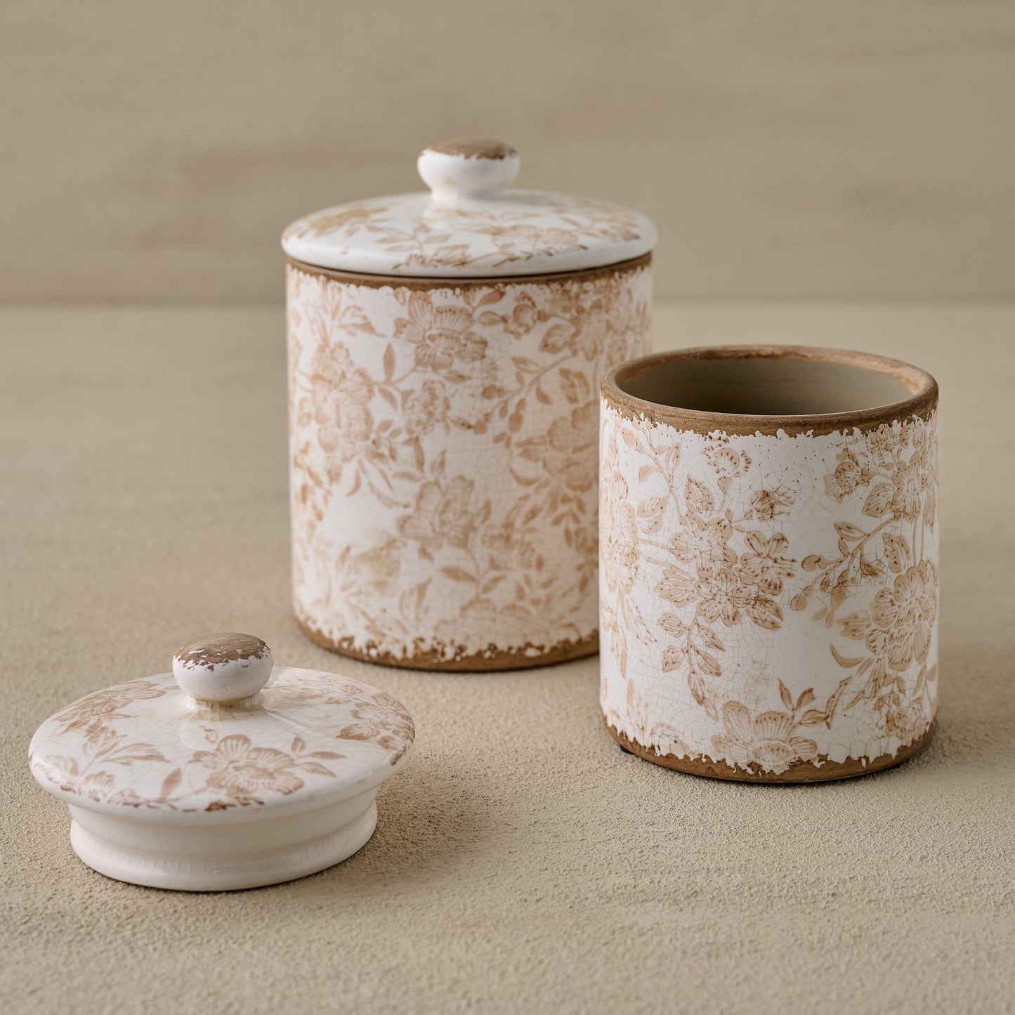 Brown and White Distressed Canisters