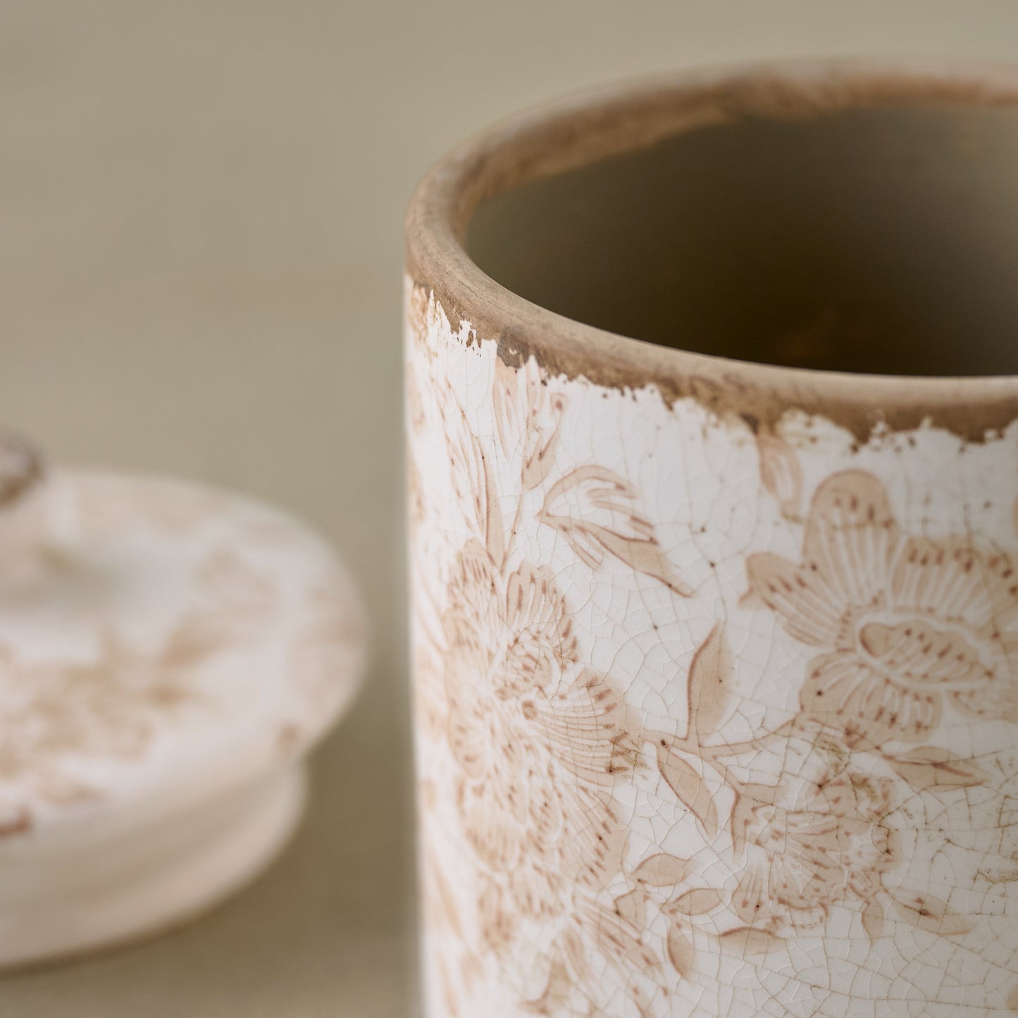 Brown and White Distressed Canister up close