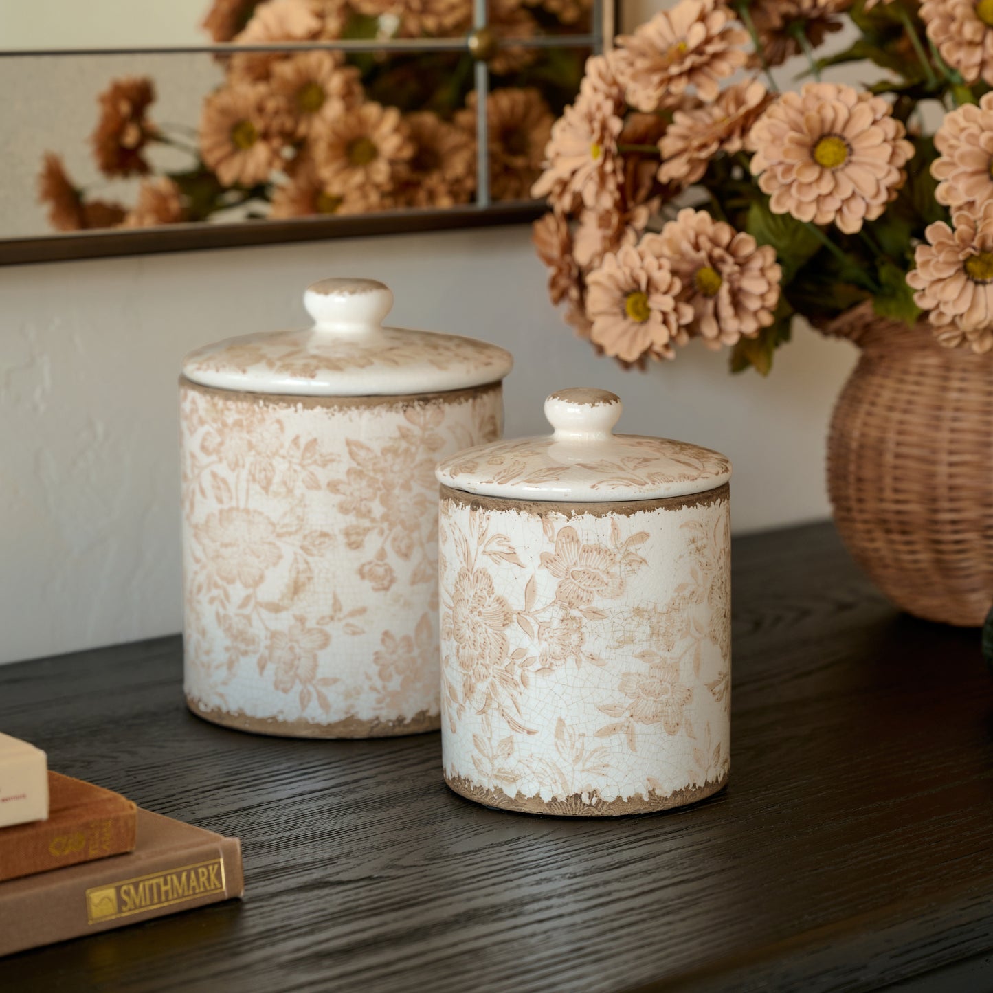 Brown and White Distressed Canisters shown styled