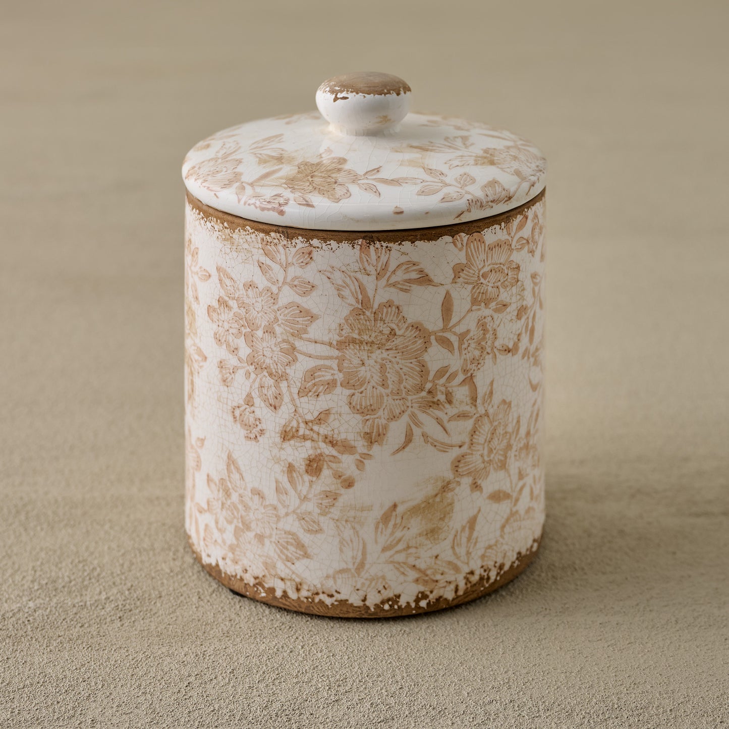 Large Brown and White Distressed Canister
