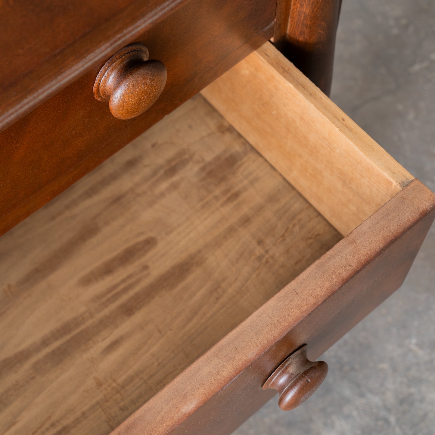 Vintage Solid Wood Four Drawer Dresser showing inside of drawer