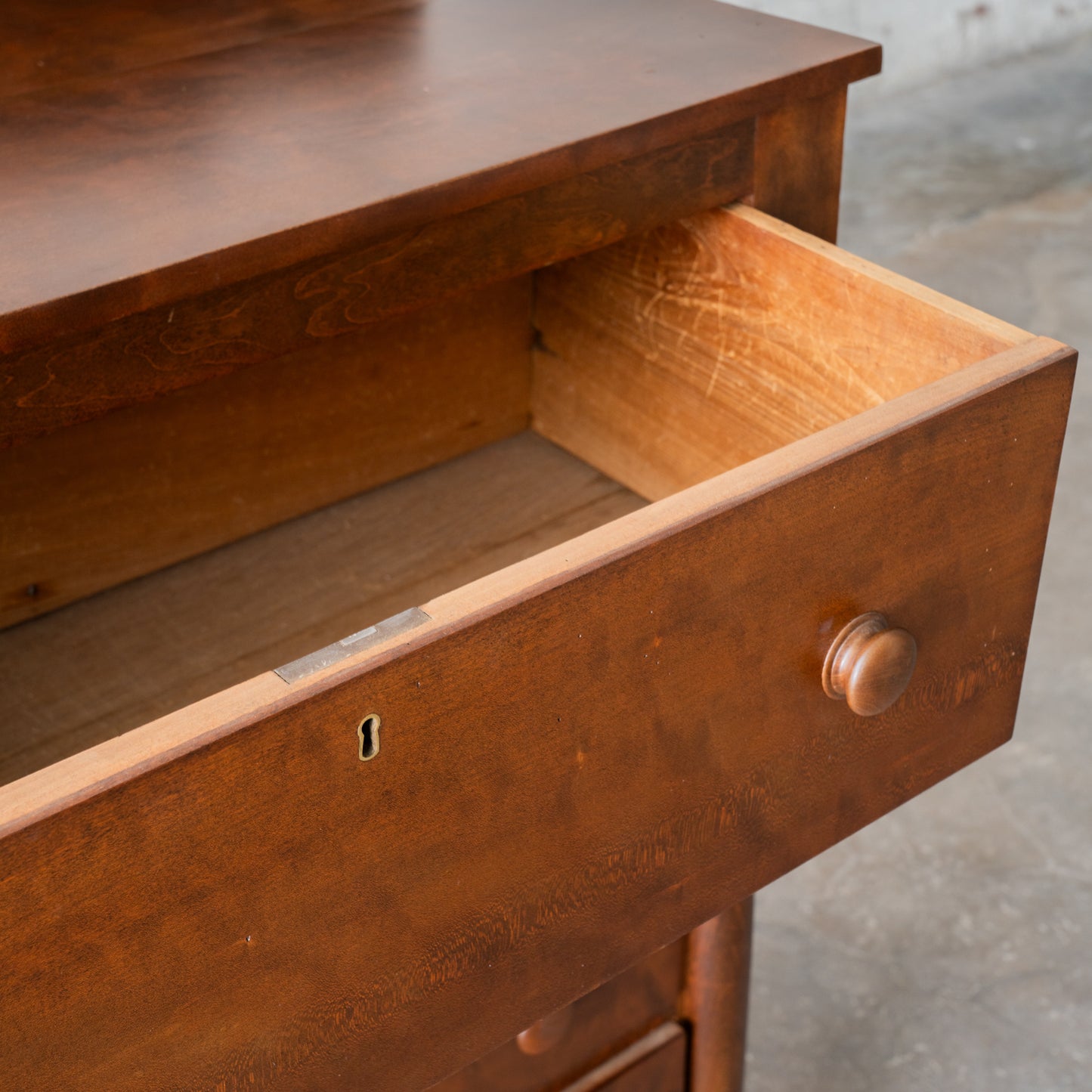 Vintage Solid Wood Four Drawer Dresser showing drawer open