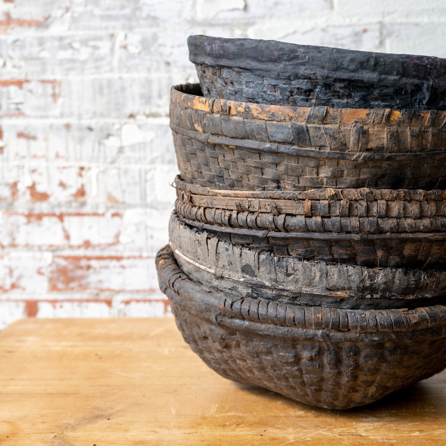 Found Wood Cane Baskets stacked