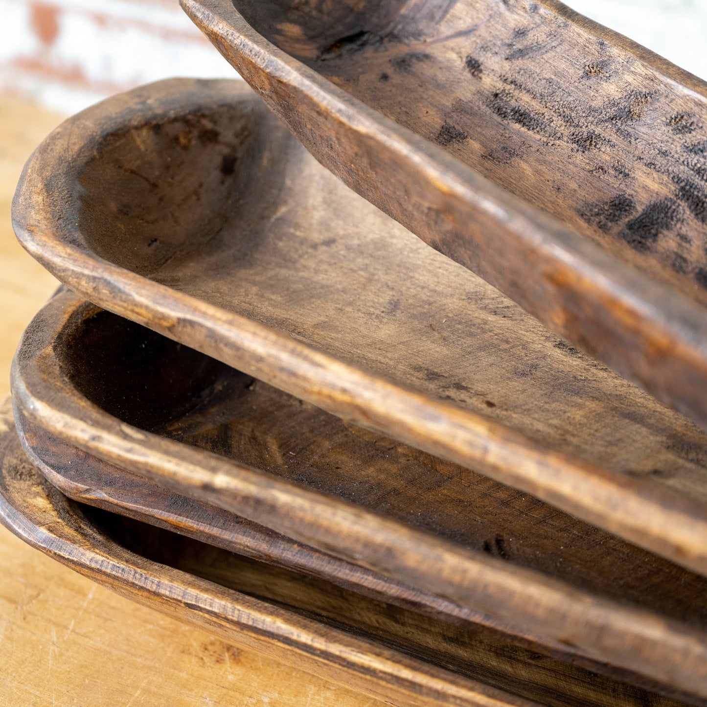 19" Found Wooden Dough Bowl stacked close up