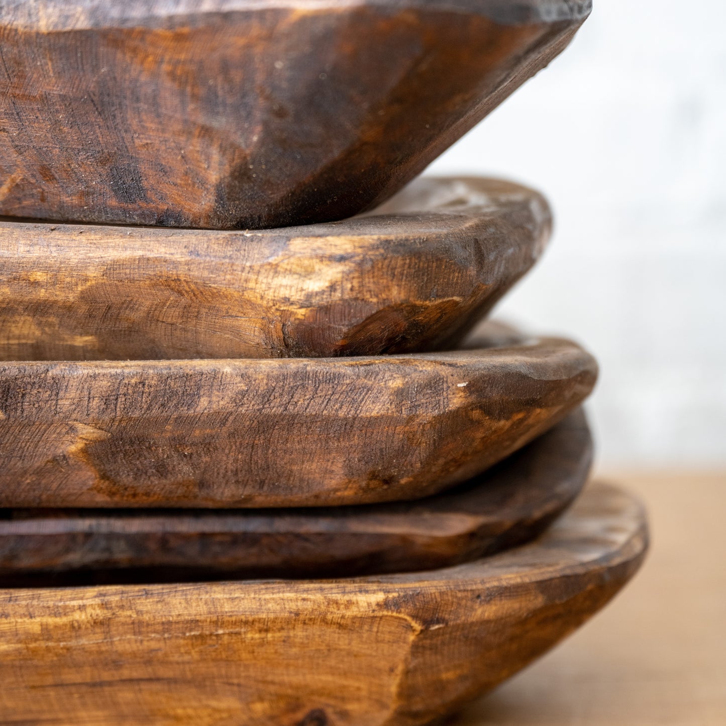 19" Found Wooden Dough Bowl stacked close up
