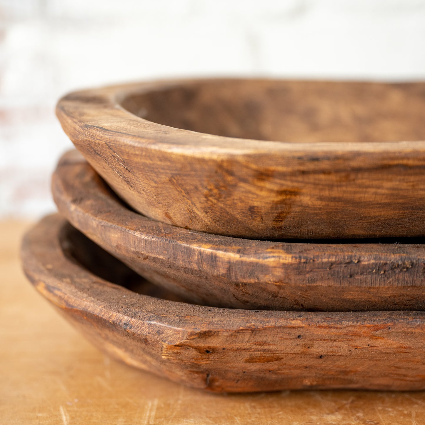Found Wooden Dough Bowl - Large close up of three stacked