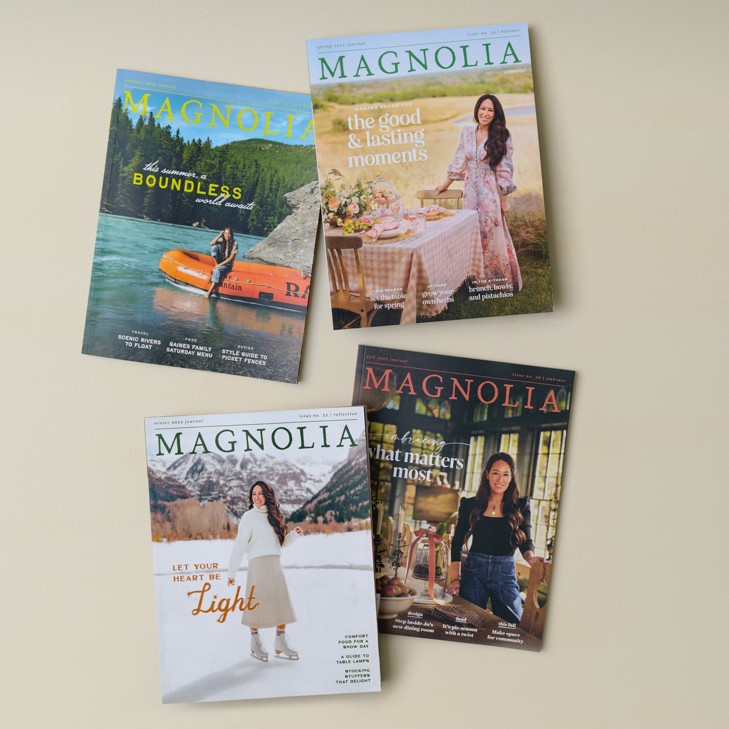 Magnolia Journal Fall 2025 shown with last 3 issues of magnolia journal