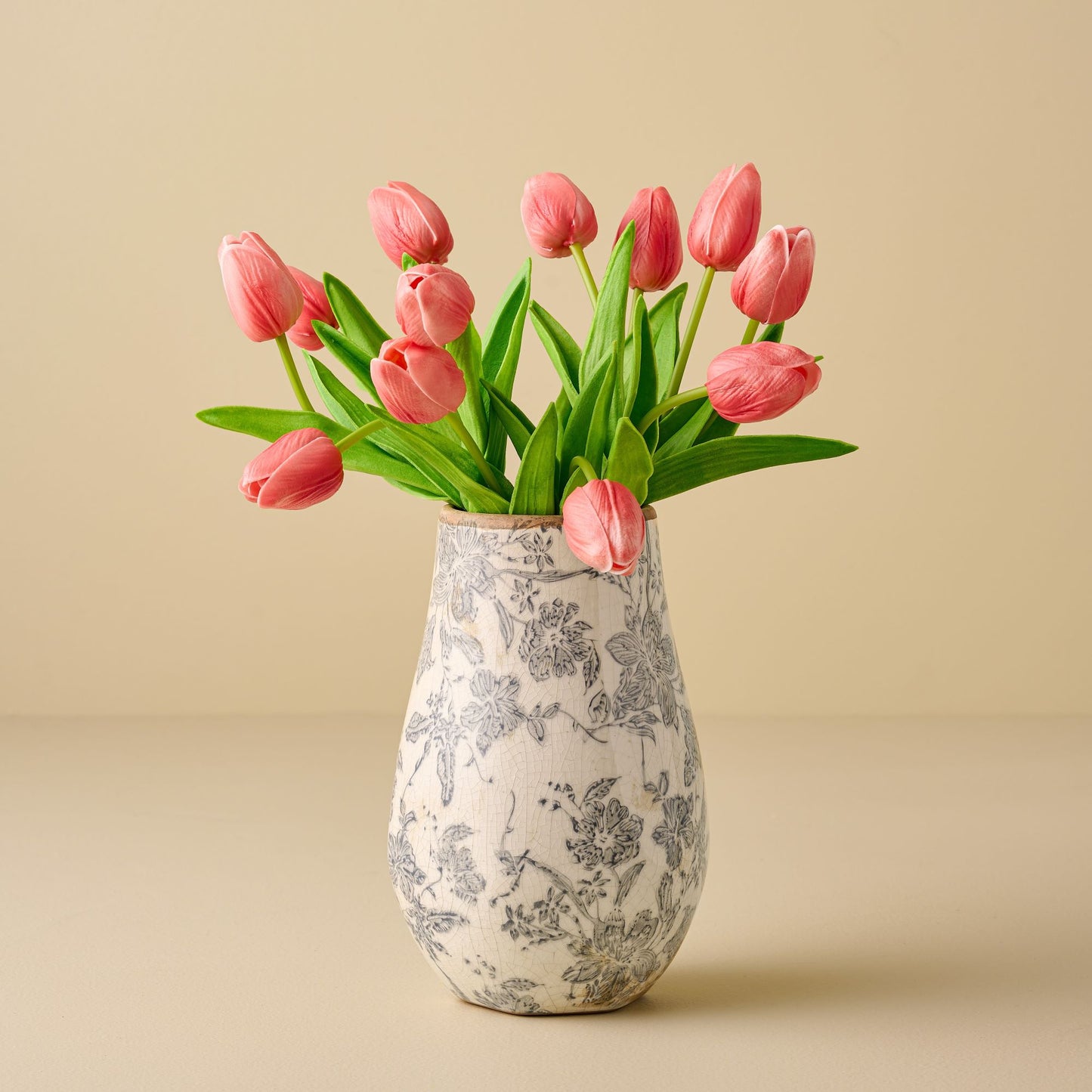 Black and White Distressed Vase with coral tulip bundle