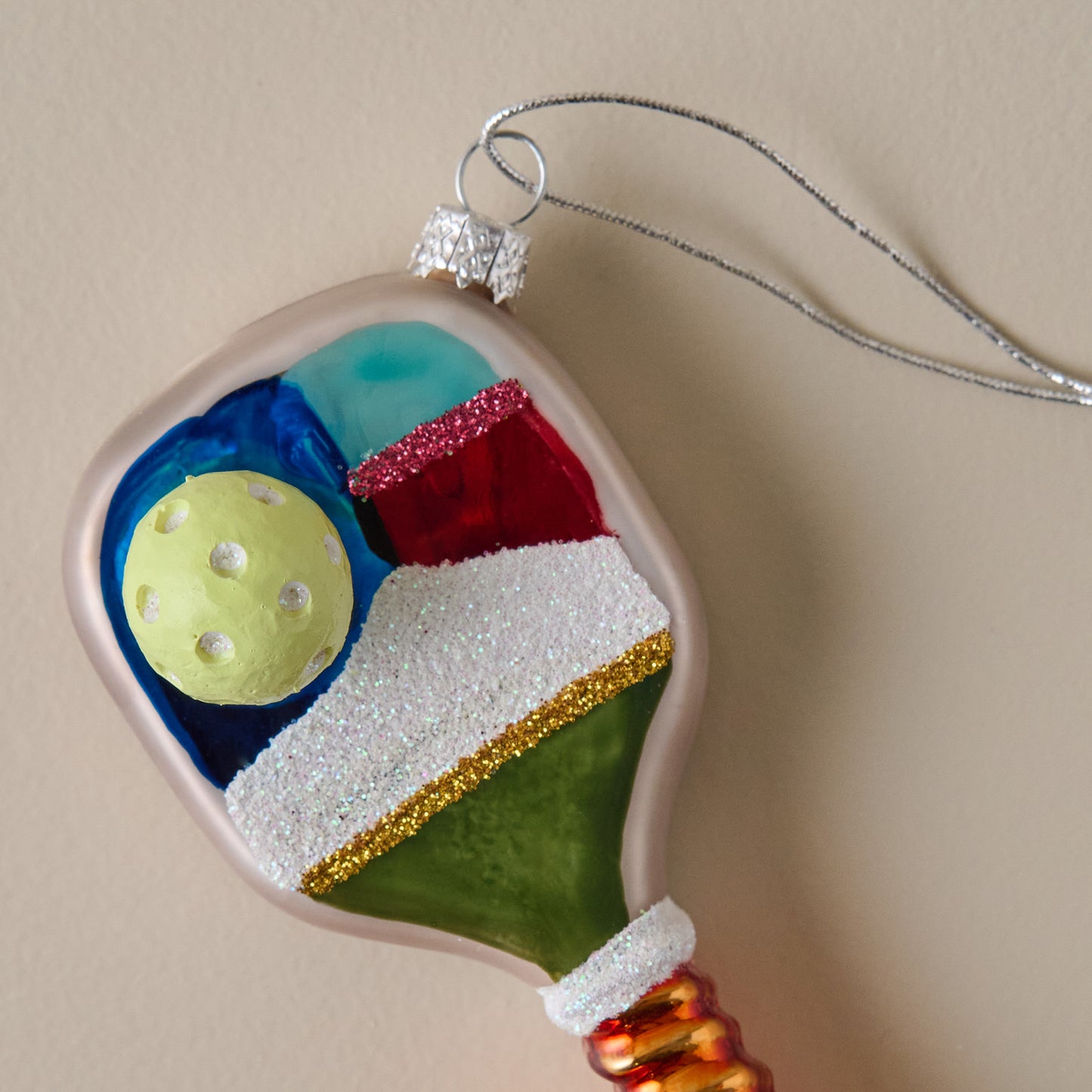 Painted Glass Pickleball Ornament up close