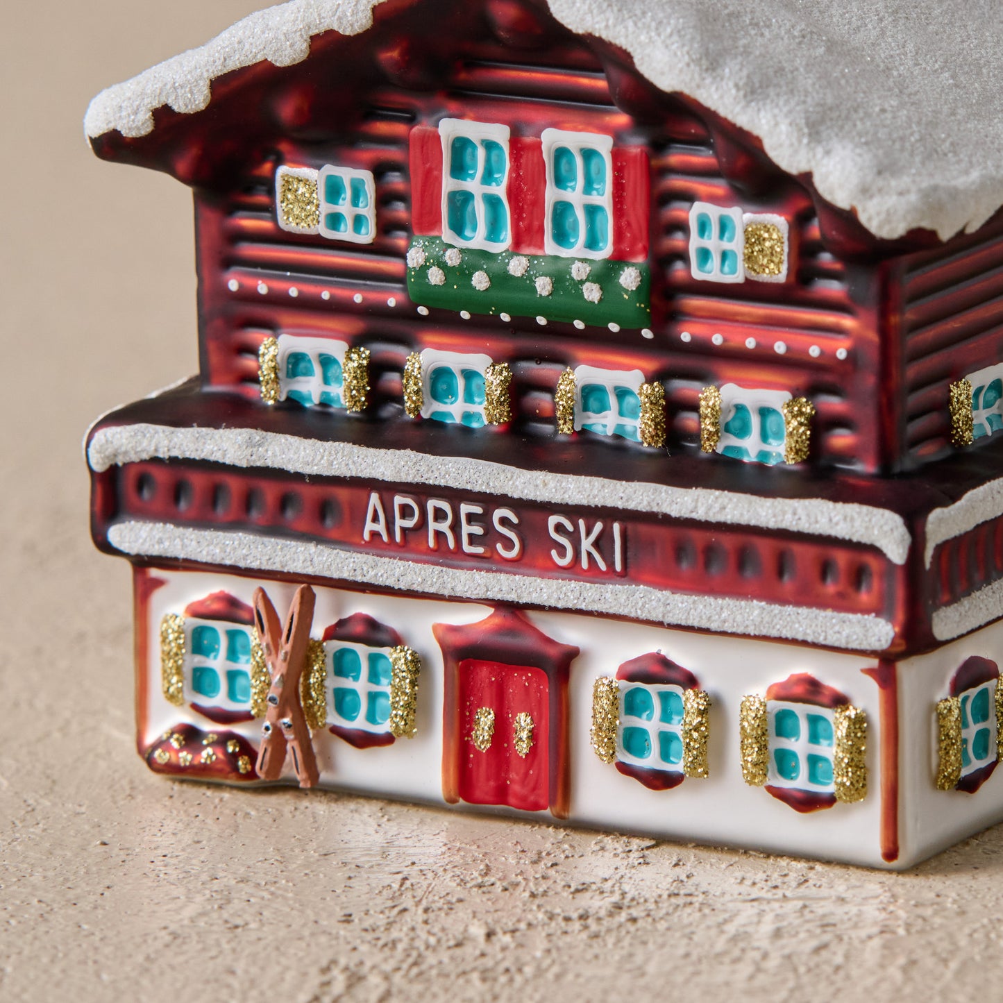 Ski Lodge Ornament up close