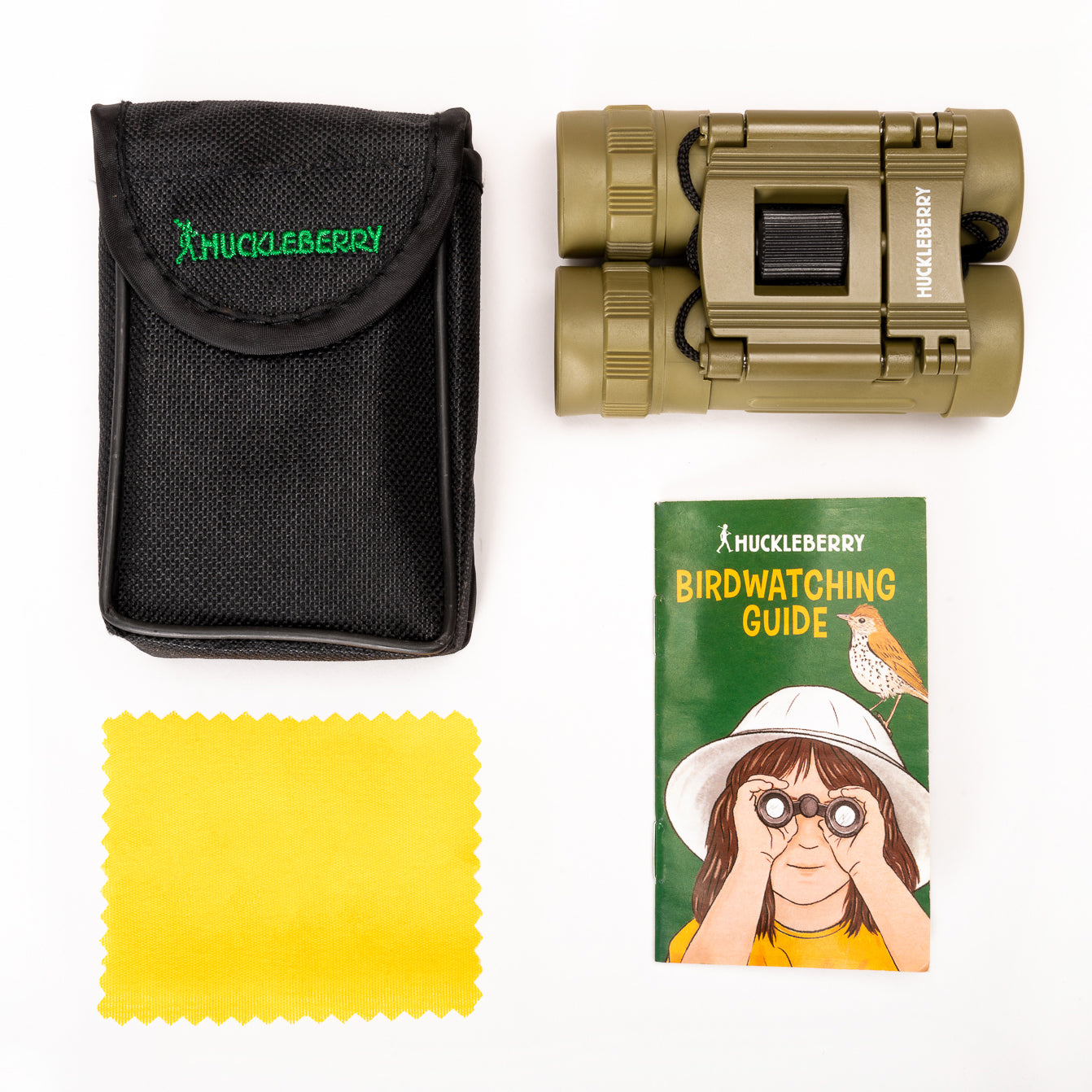Huckleberry Binoculars shown with holder, small cleaning cloth, and birdwatching guide