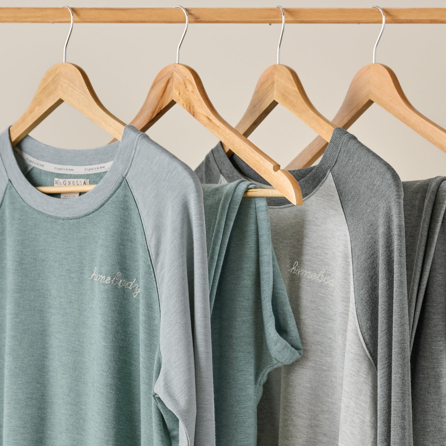 Homebody Grey Colorblocked Crewneck Loungewear Set on hangers