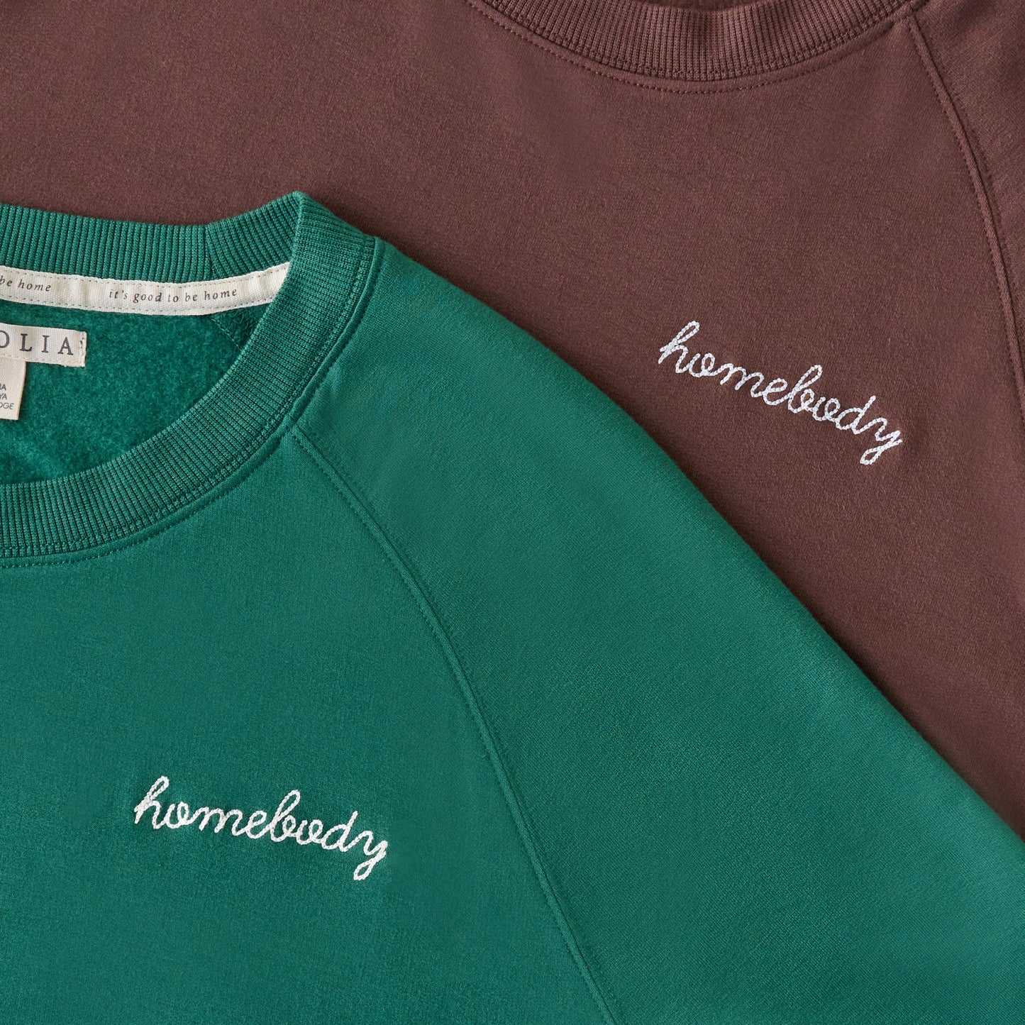 Homebody Espresso Crewneck Loungewear Set shown with posy green crewneck loungewear set