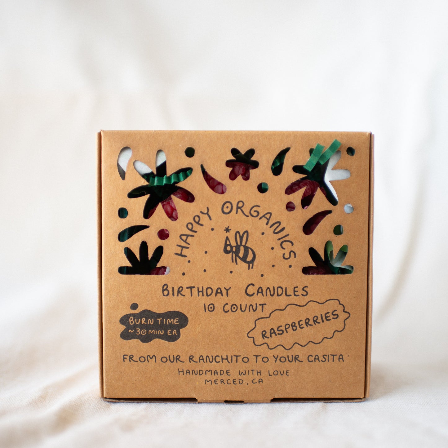 Raspberry Birthday Candle Set of 10 shown in box