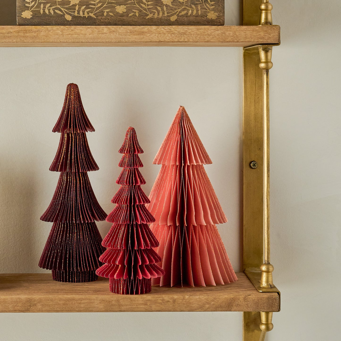 Cardinal Red Set of Decorative Paper Trees shown on shelf
