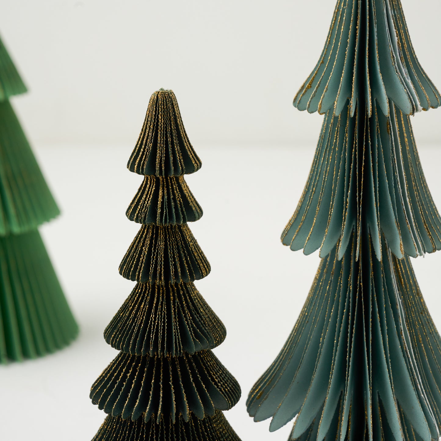 Forest Green Set of Decorative Paper Trees up close