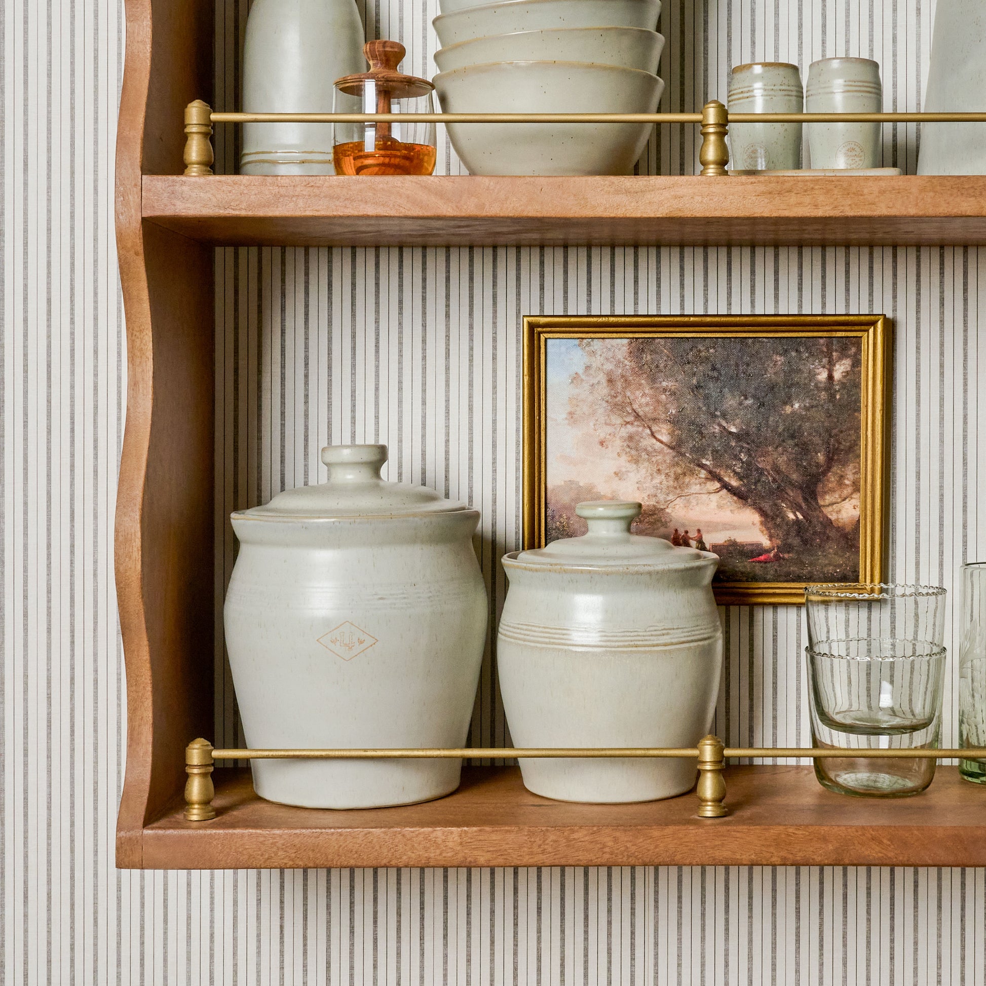 French Grey Embossed Stripe Canister on a hanging wall shelf