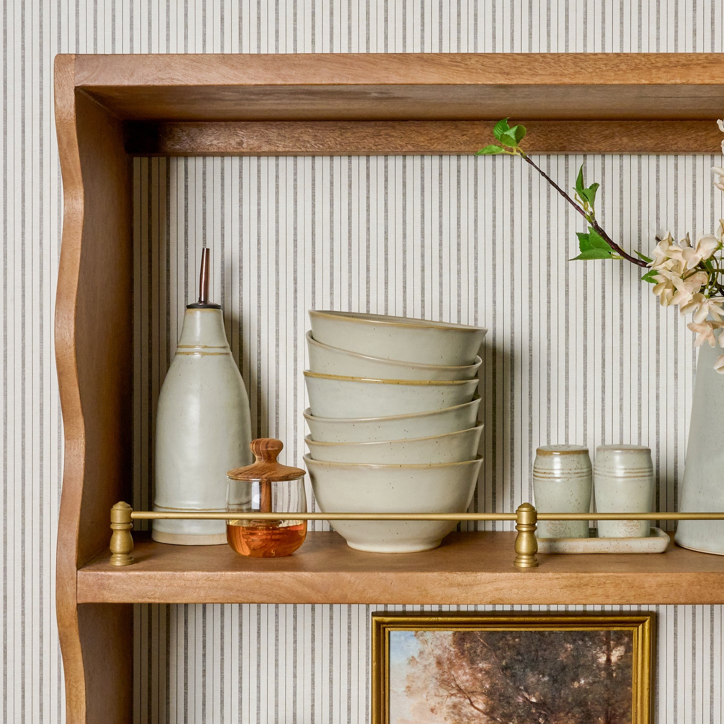 French Grey Embossed Stripe Salt & Pepper Shaker Set on a wall shelf