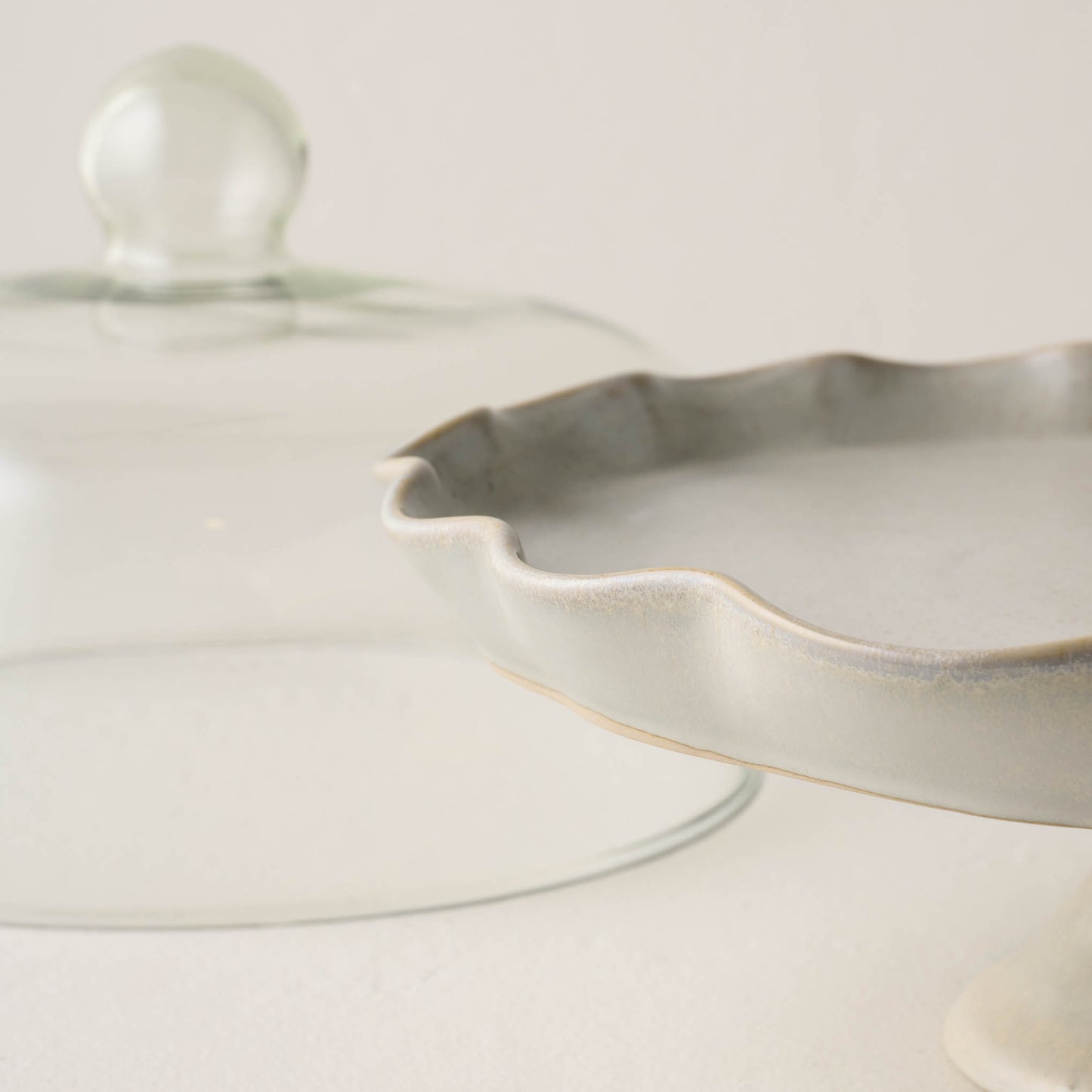 French Grey Ruffle Cake Stand with Dome close up of cake stand ruffle design